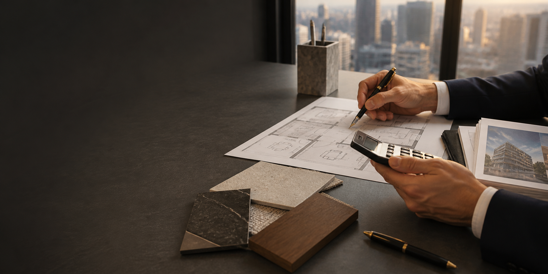 Warsaw property adviser reviewing an apartment floor plan and purchase costs