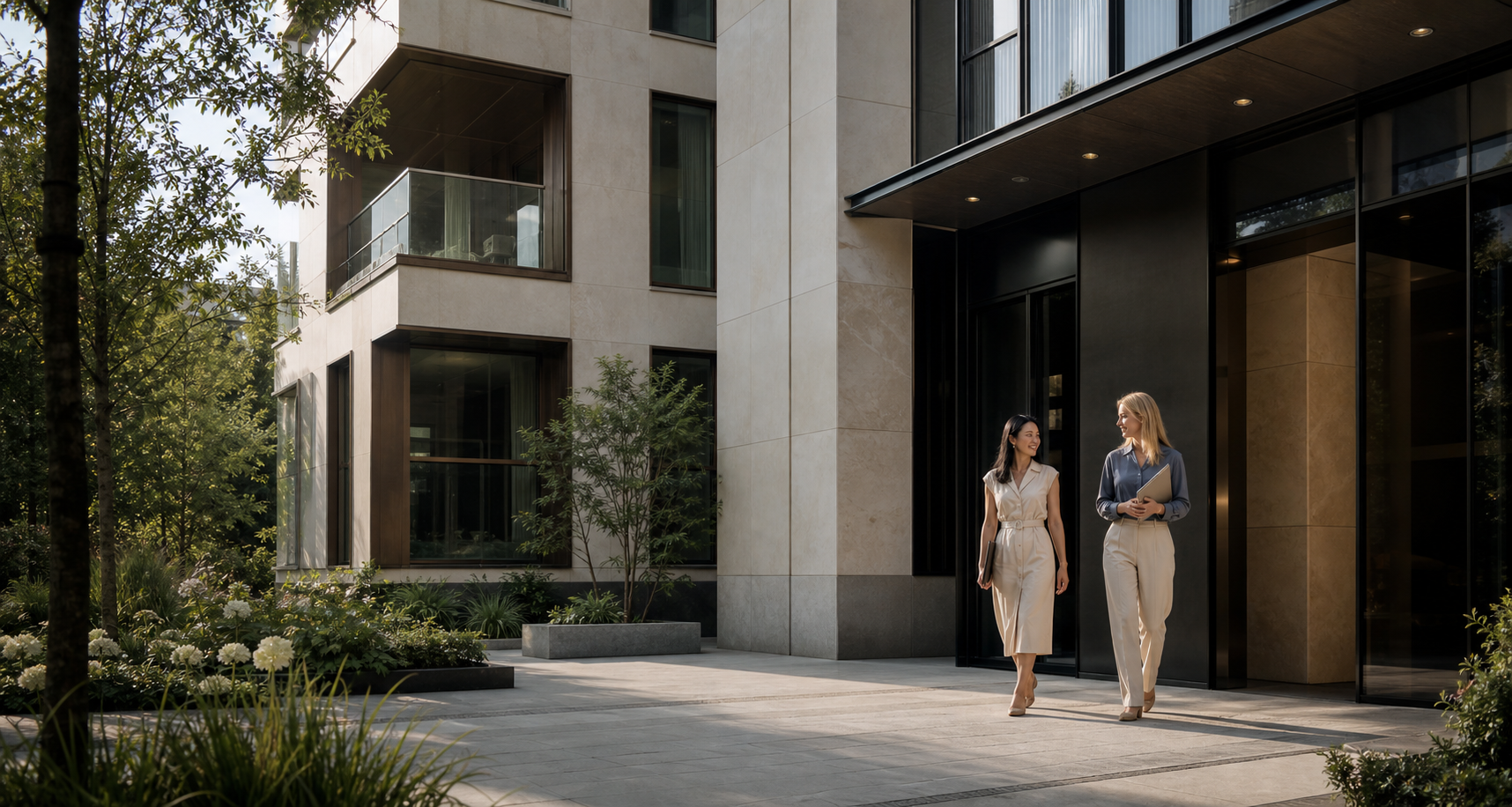 Singapore-based property buyer entering a contemporary Warsaw apartment development with a local adviser