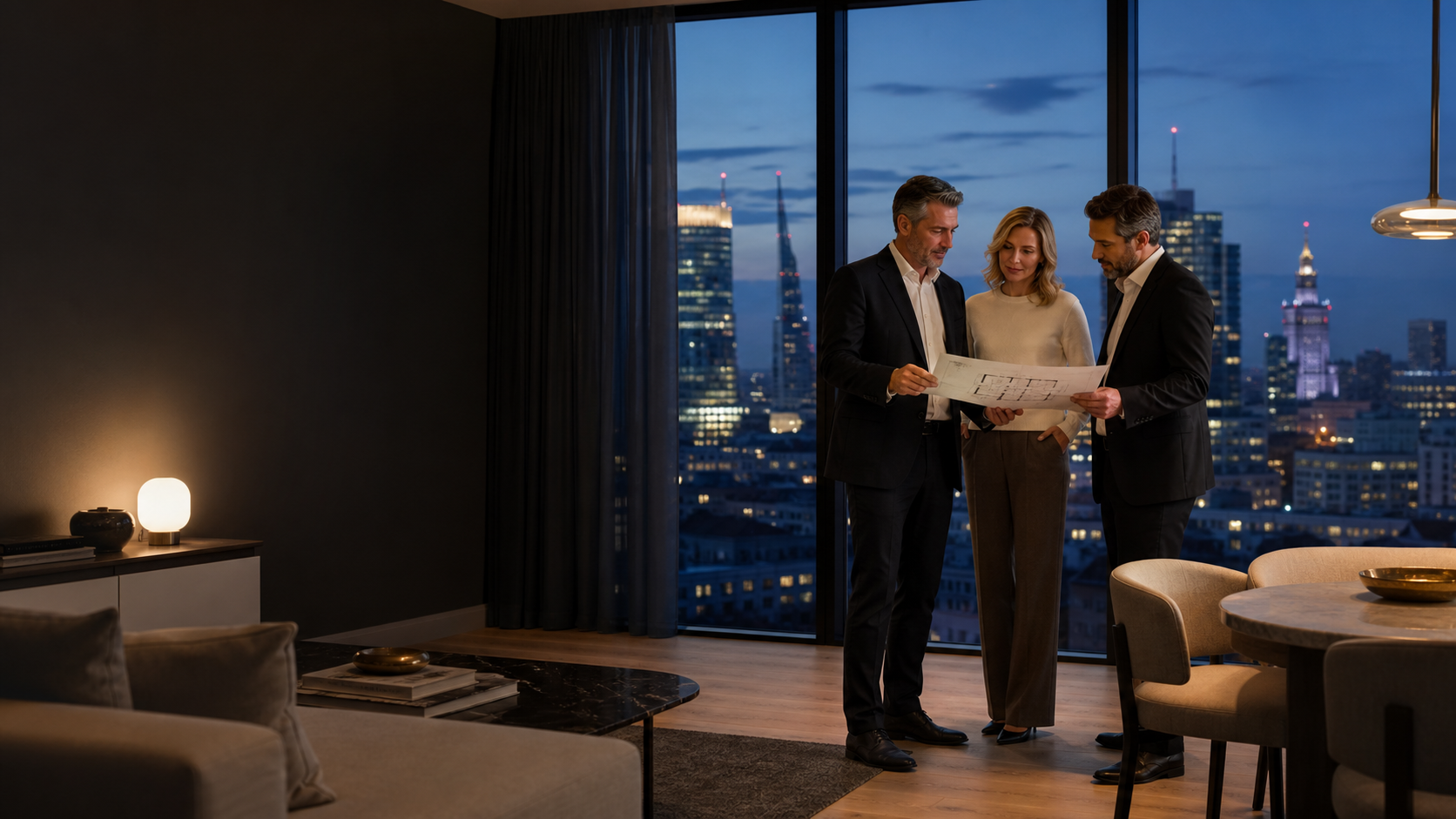 British buyers reviewing a Warsaw apartment purchase with a local property adviser
