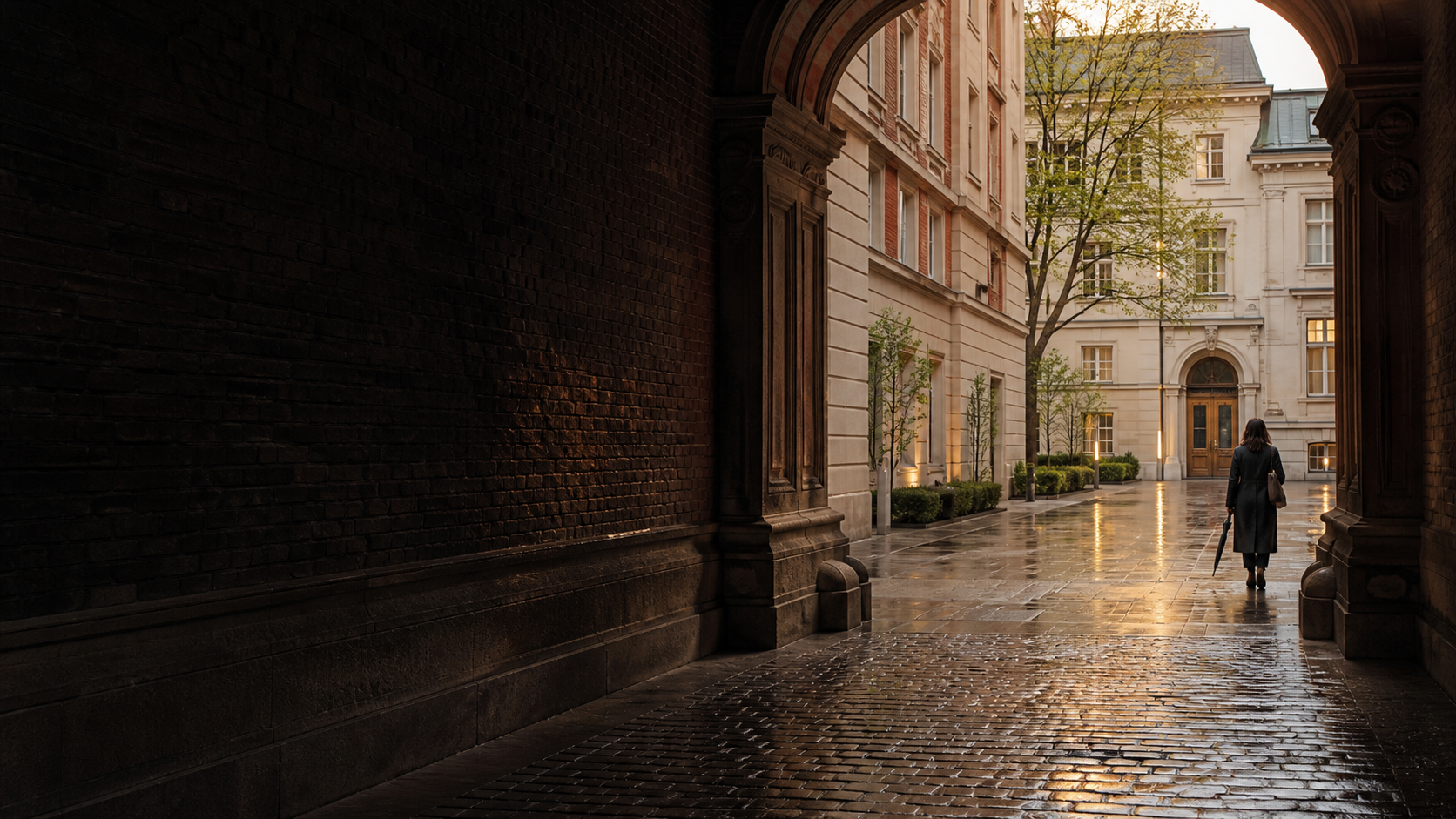 Turkish property buyer entering a restored Warsaw residential courtyard after rain