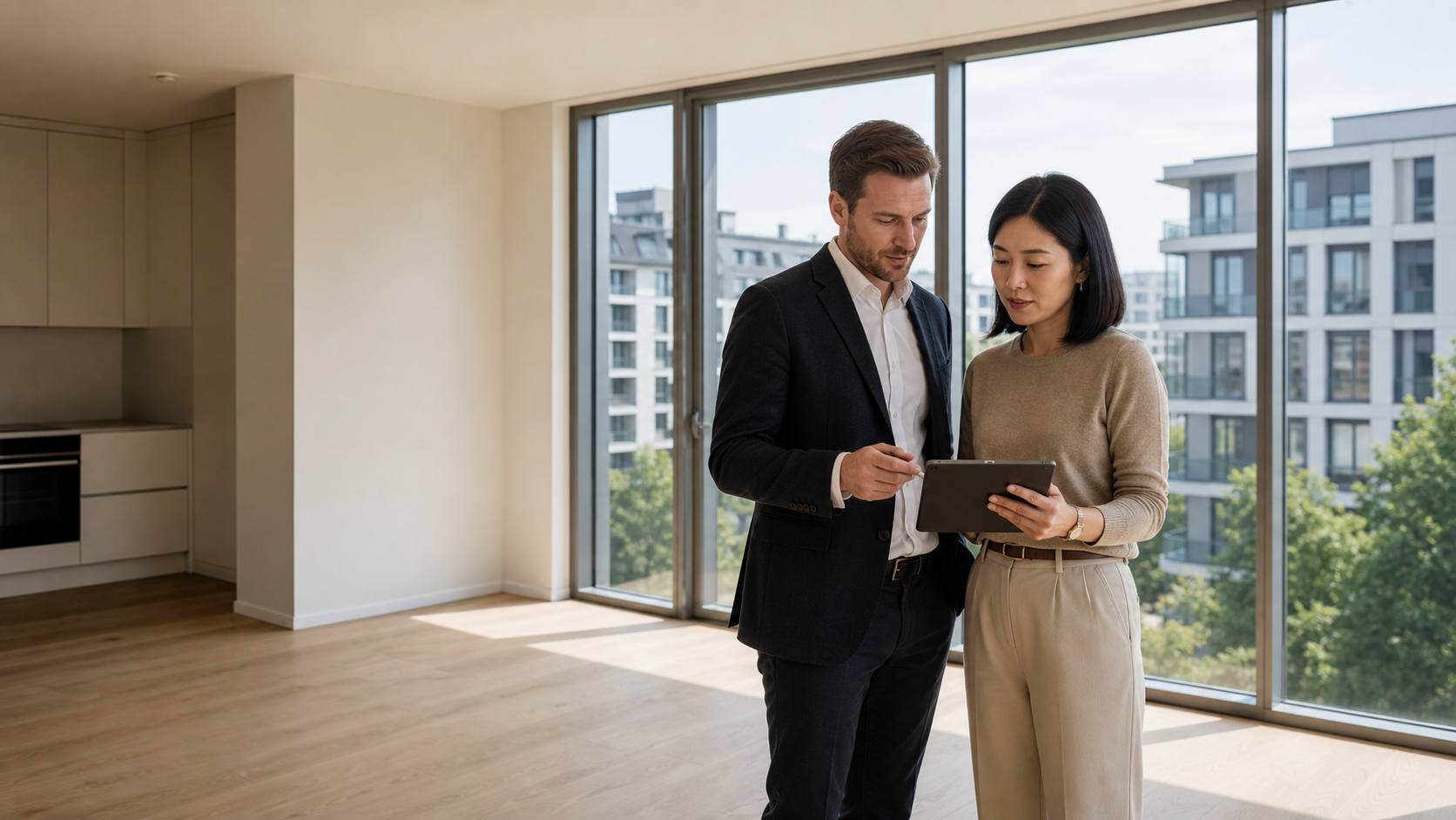 Mainland Chinese property buyer reviewing a bright Warsaw apartment with a local adviser