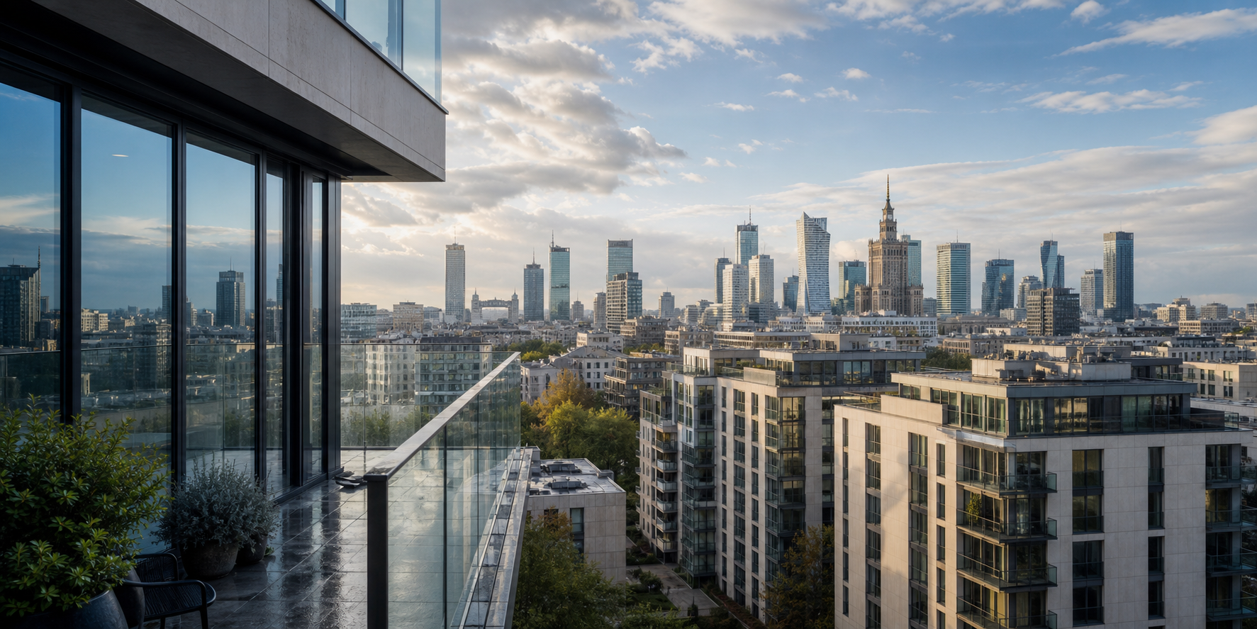 Modern Warsaw residential skyline seen from an apartment terrace for EU property buyers