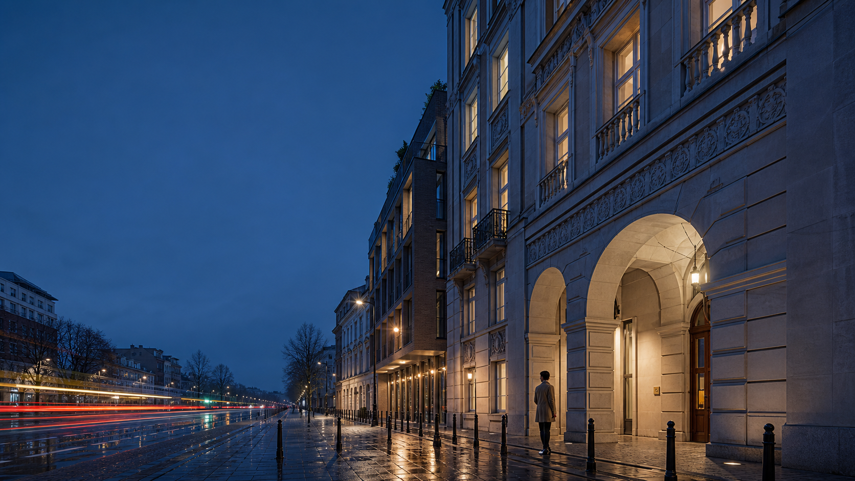 Korean property buyer approaching a restored Warsaw apartment building at blue hour