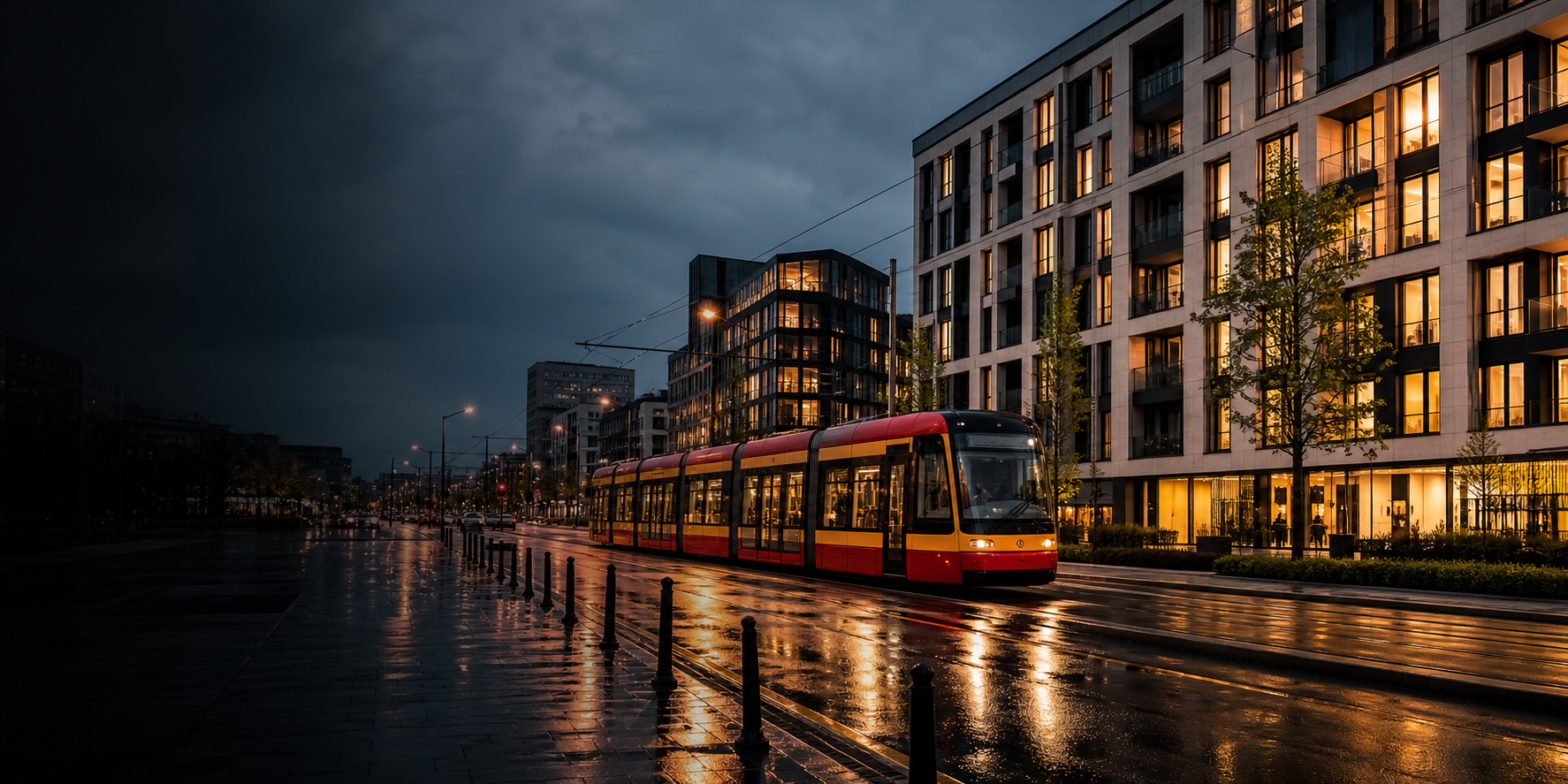 Modern Warsaw residential avenue and tram at blue hour for property buyers from Germany