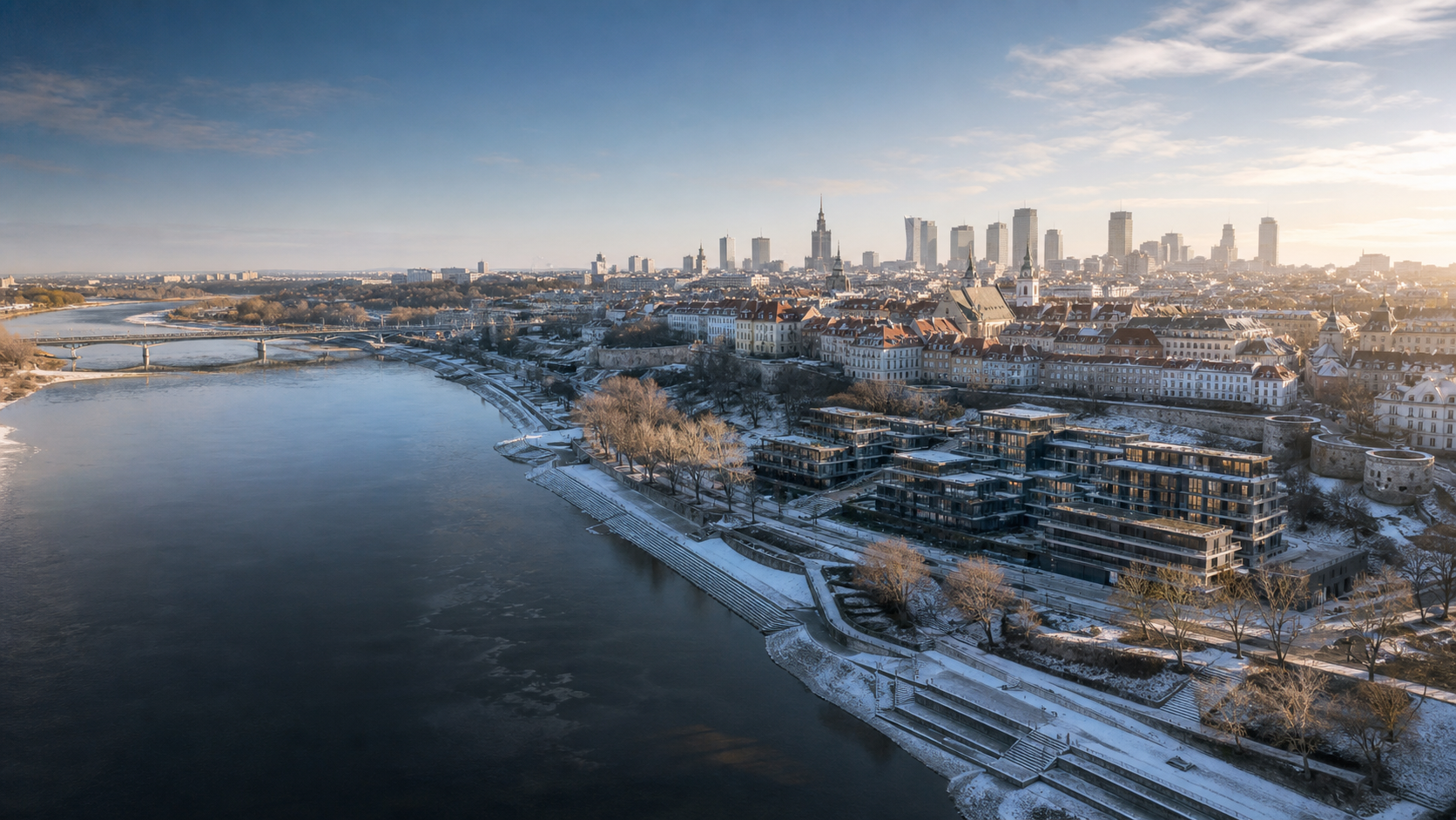 Winter morning over the Vistula River and Warsaw residential districts for property buyers from Norway