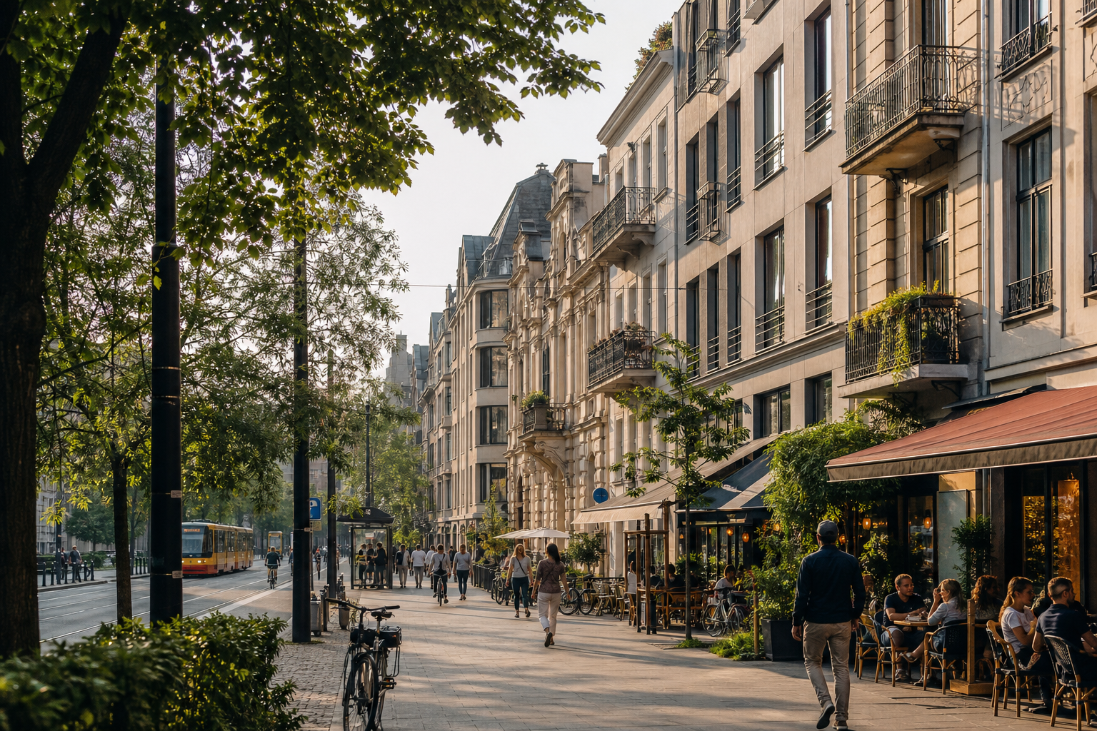 Leafy central Warsaw residential street with cafés, tram access and active daily life
