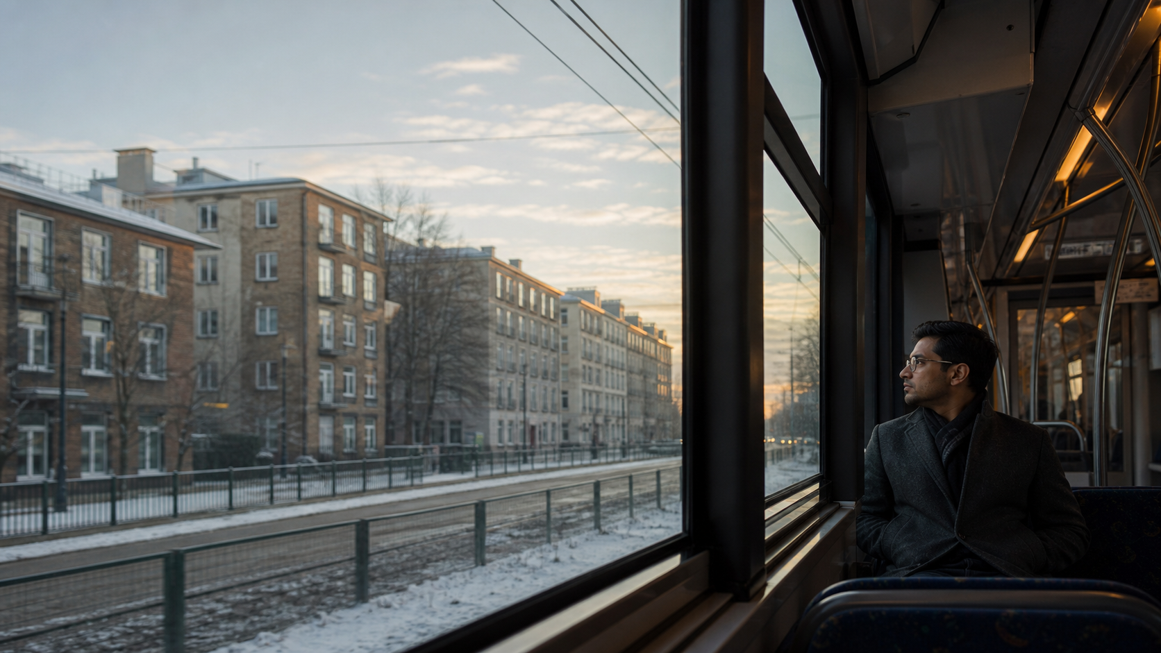 Indian property buyer travelling through a snow-dusted Warsaw residential district at dawn