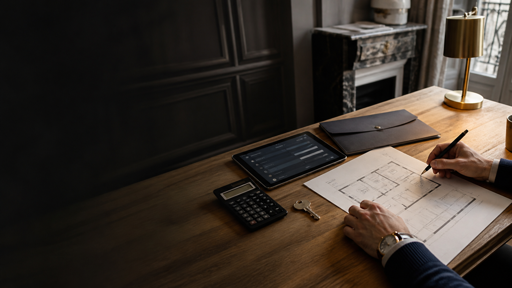 French buyer reviewing a Warsaw apartment floor plan, funding file and key in a Paris study