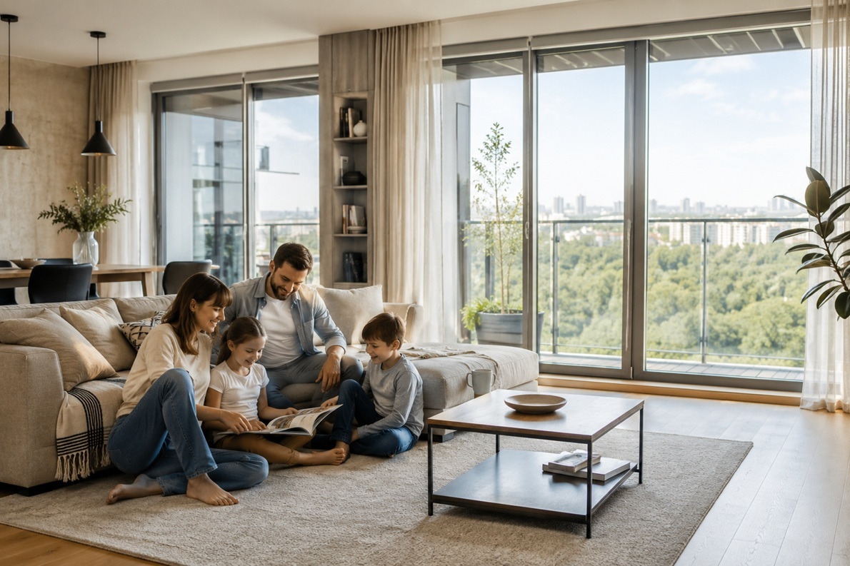 Family in a modern apartment with a city view in Bielany, Warsaw