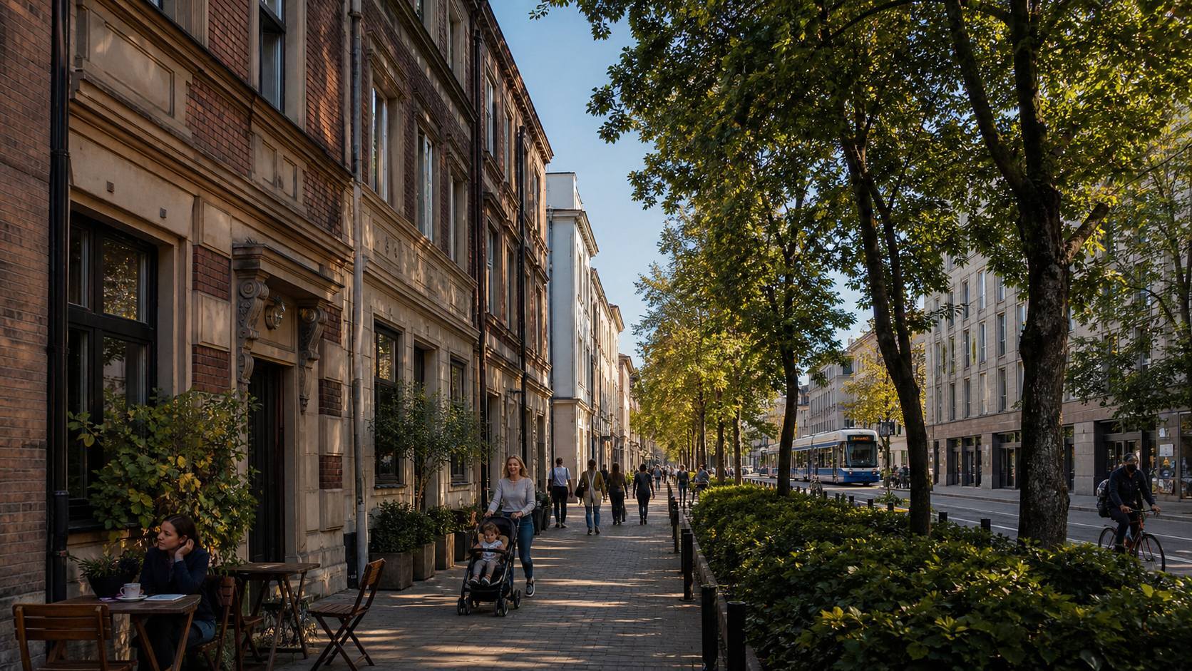 Krakow Podgorze residential streets combining established buildings and newer apartments