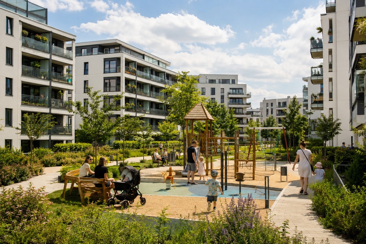 Modern residential courtyard with a playground on an estate in Bielany, Warsaw
