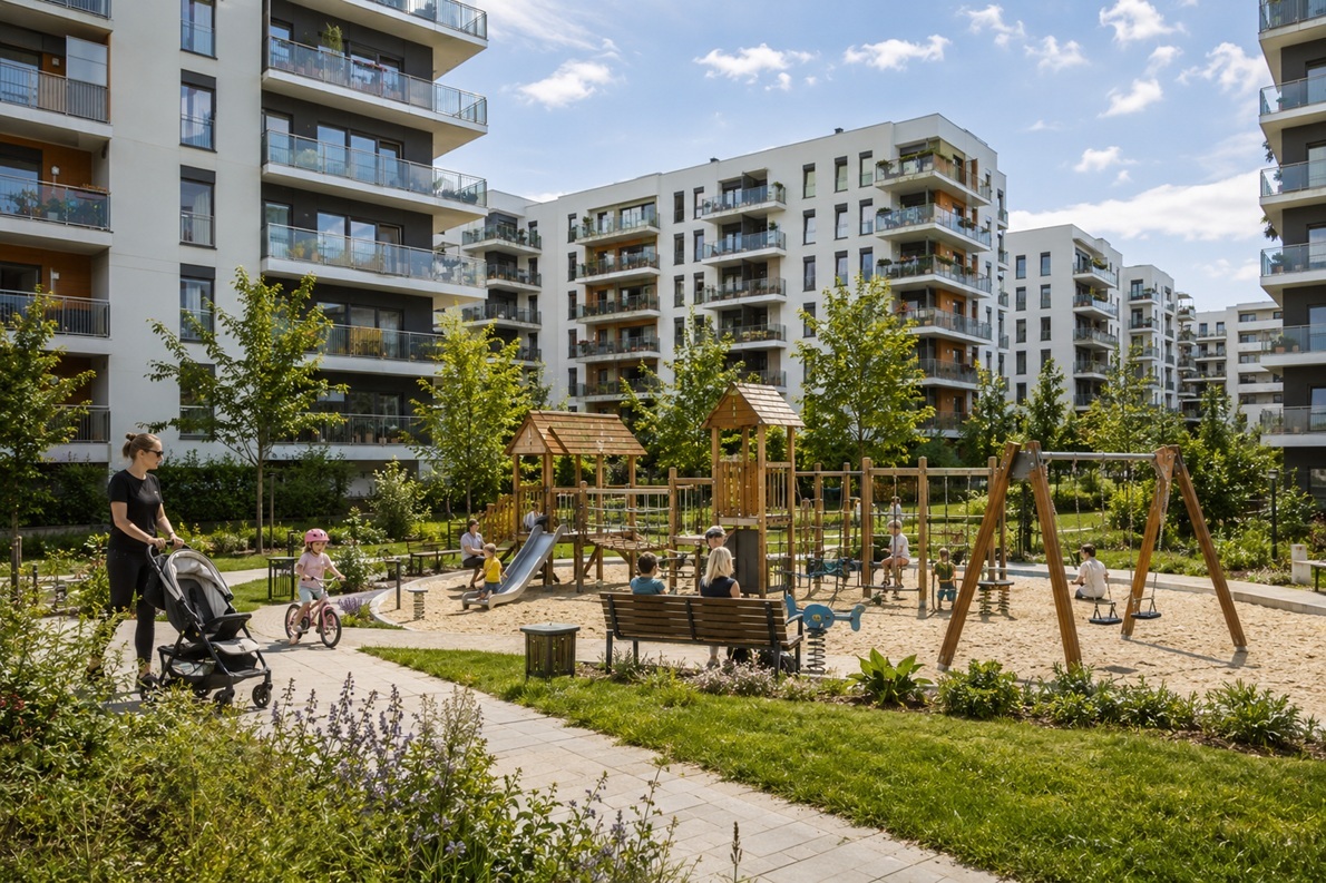 Modern apartment complex courtyard with a playground on a family-oriented Ursynów estate in Warsaw