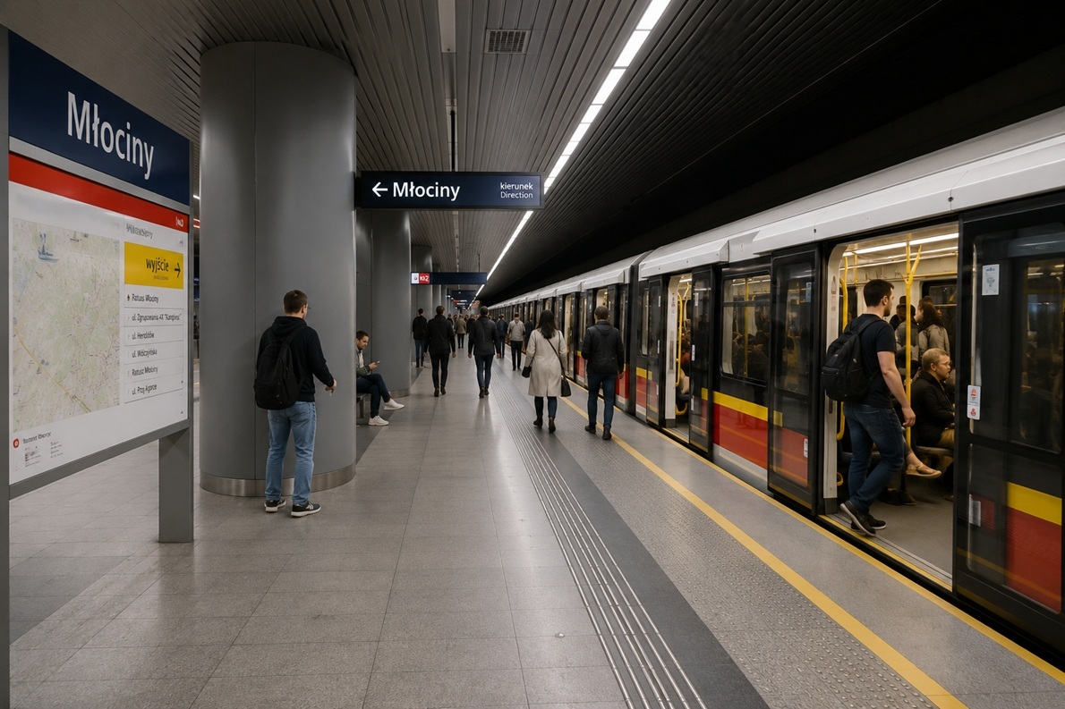 Modern metro platform on line M1 serving Bielany, Warsaw