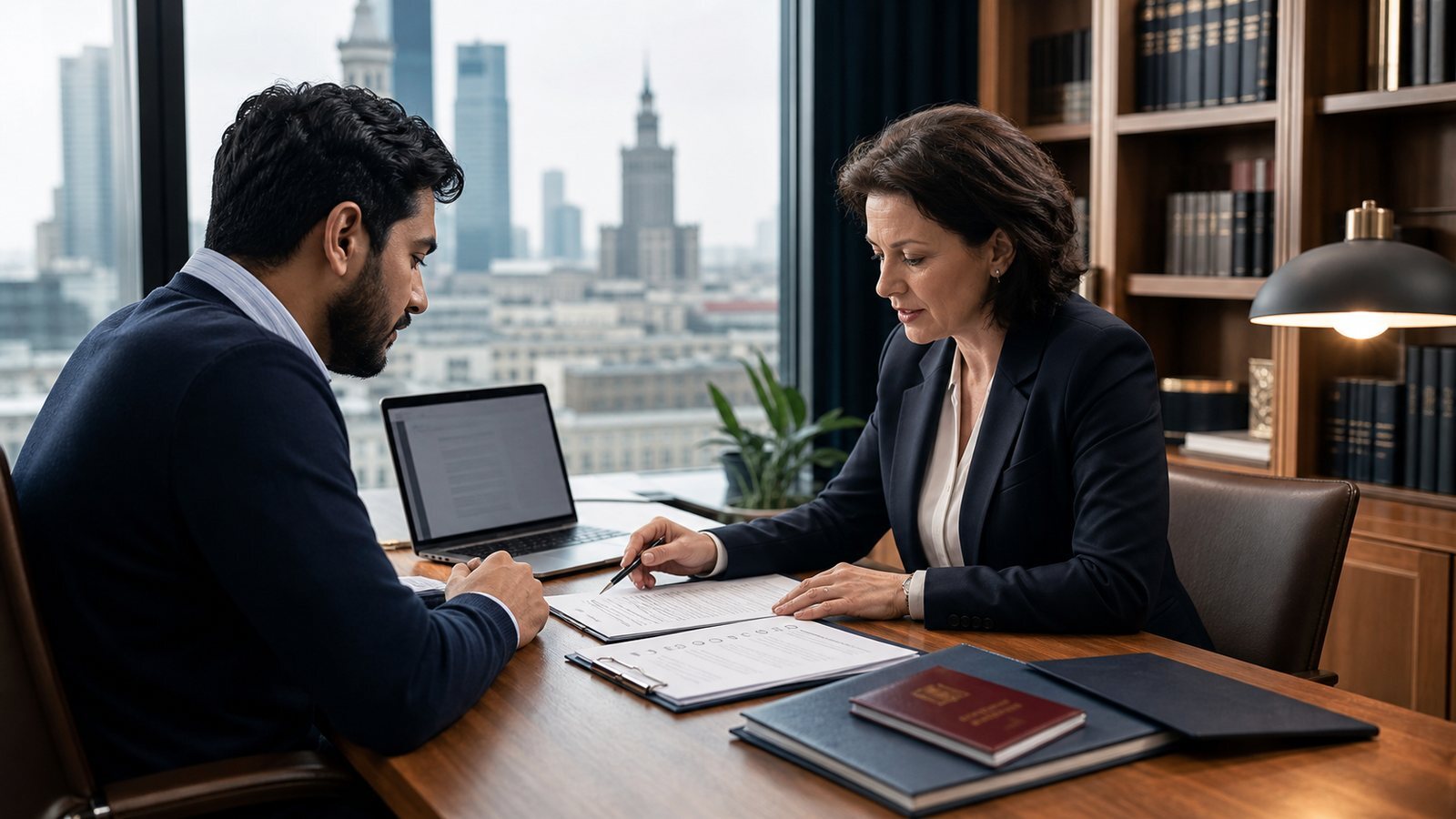 Foreign professional discussing a Polish temporary residence route with a qualified lawyer