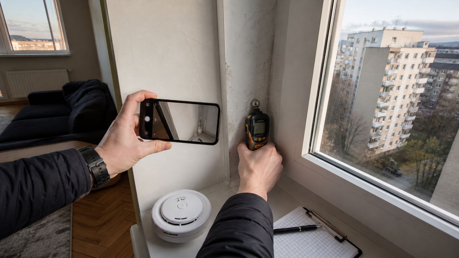 Technical condition and moisture evidence being documented in a Warsaw apartment