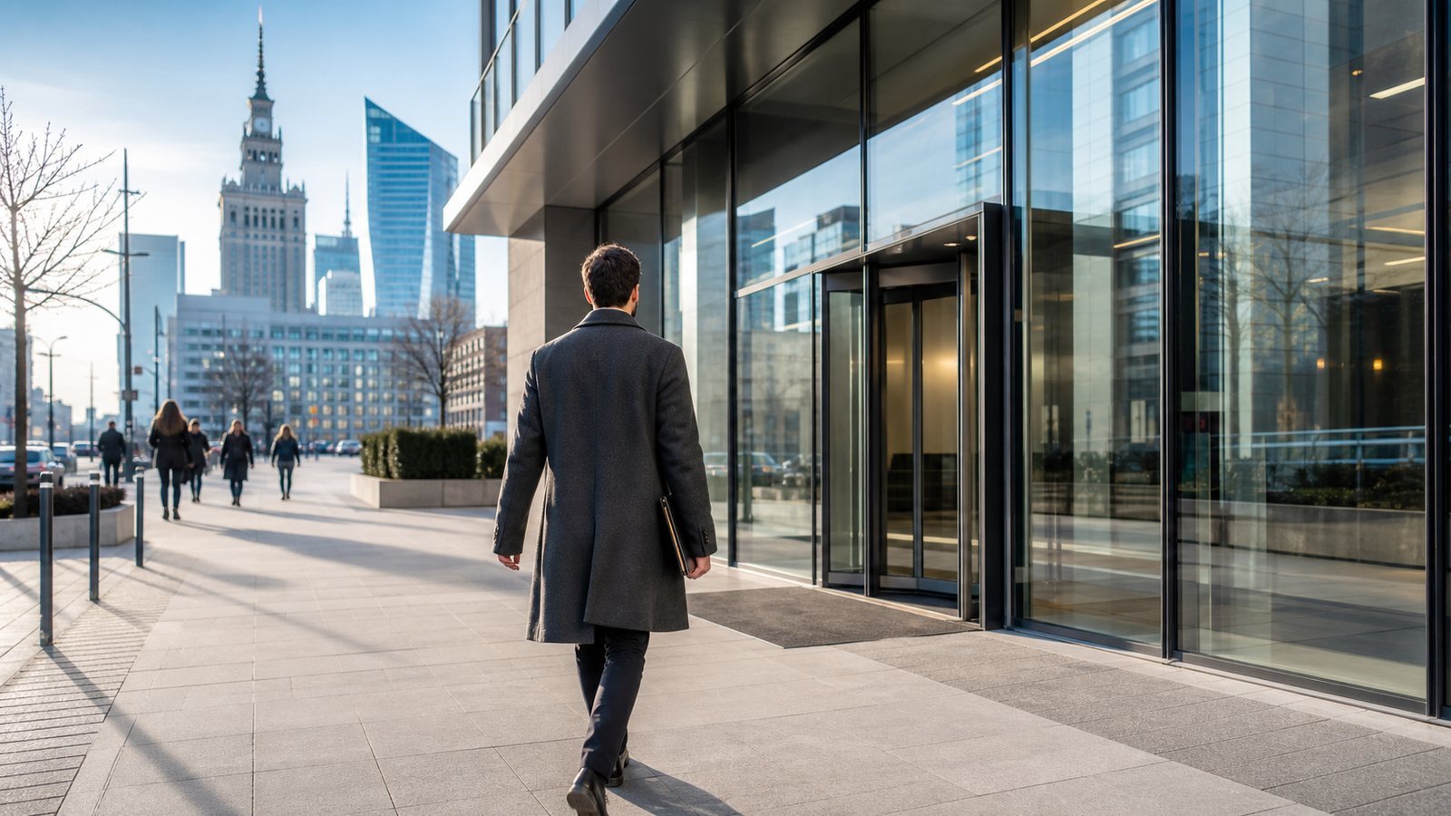 Foreign customer approaching a modern bank branch in central Warsaw