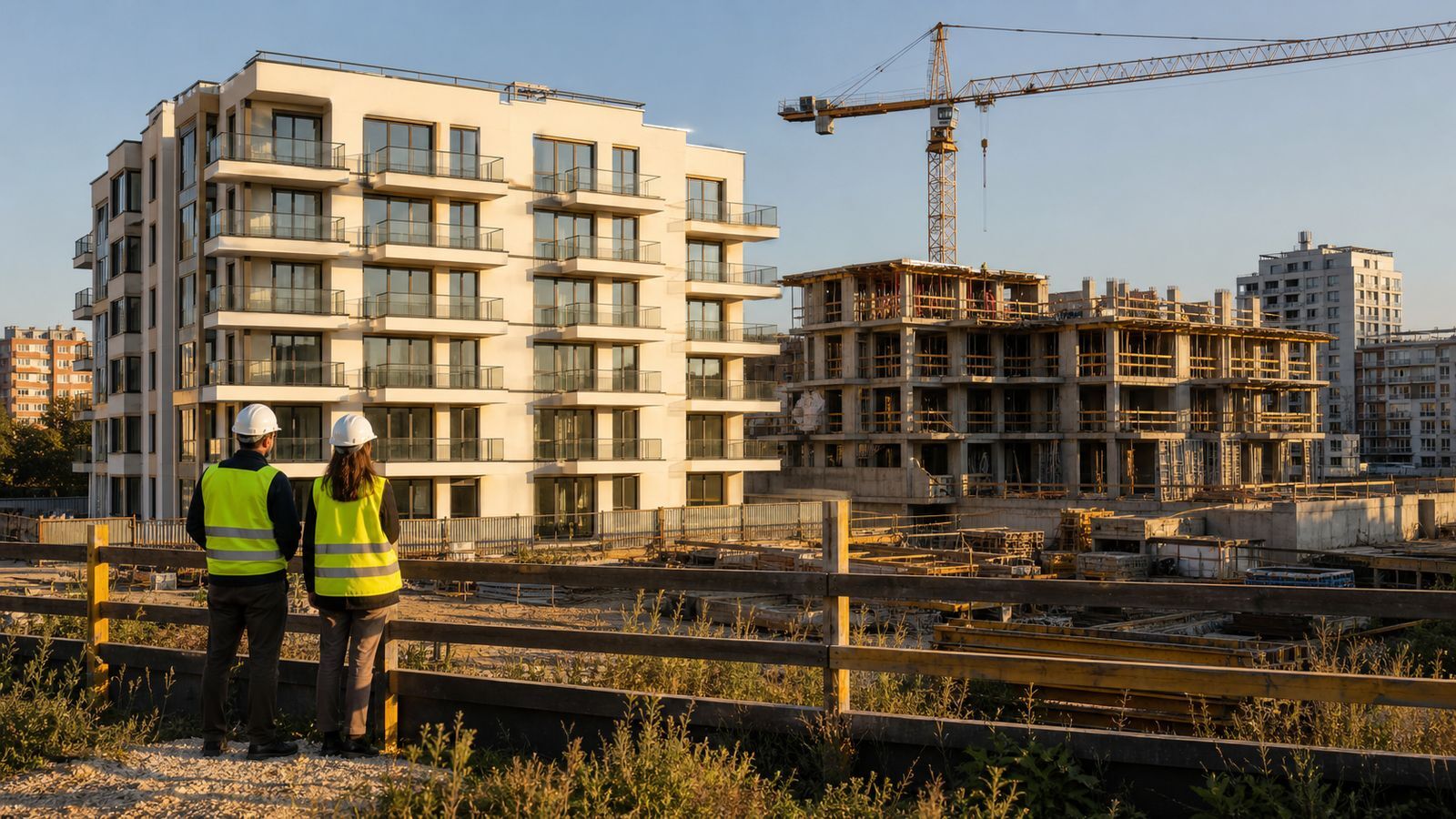 Buyer and inspector reviewing a Warsaw residential development