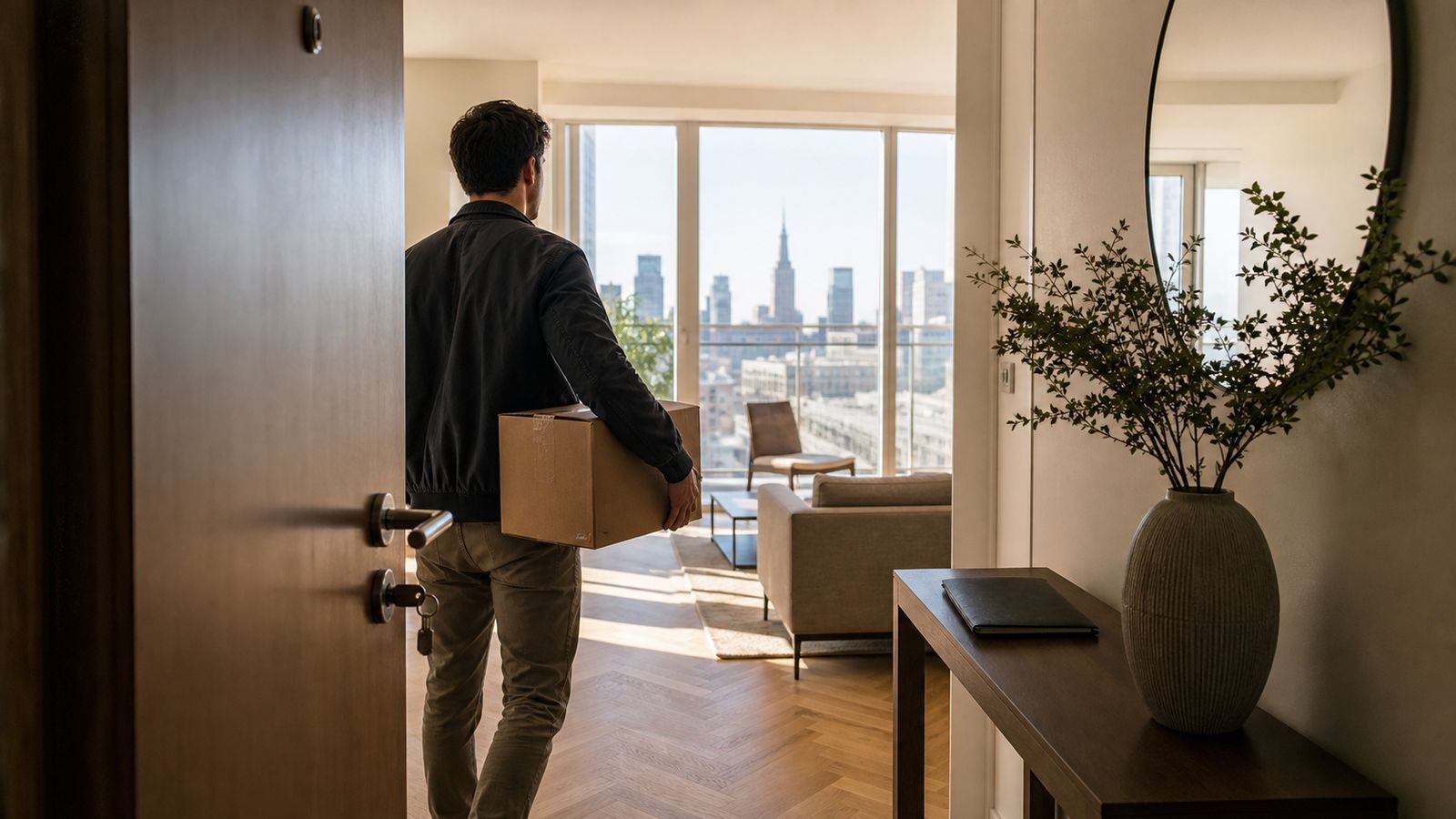Buyer entering a Warsaw apartment after final completion and handover