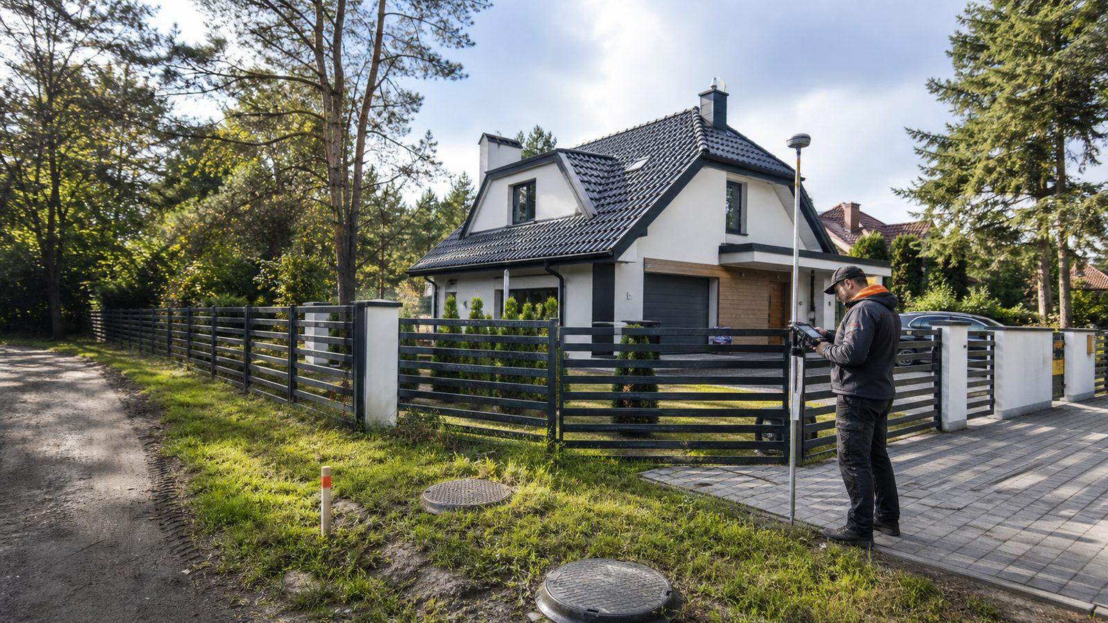 Surveyor checking the boundary and access of a Warsaw residential plot