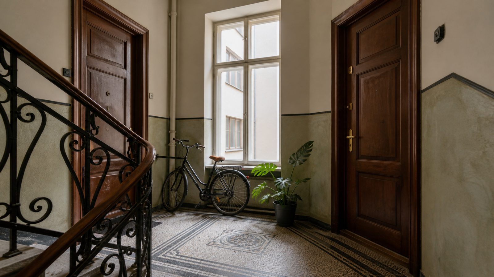 Shared staircase and separate apartment doors in a Warsaw tenement