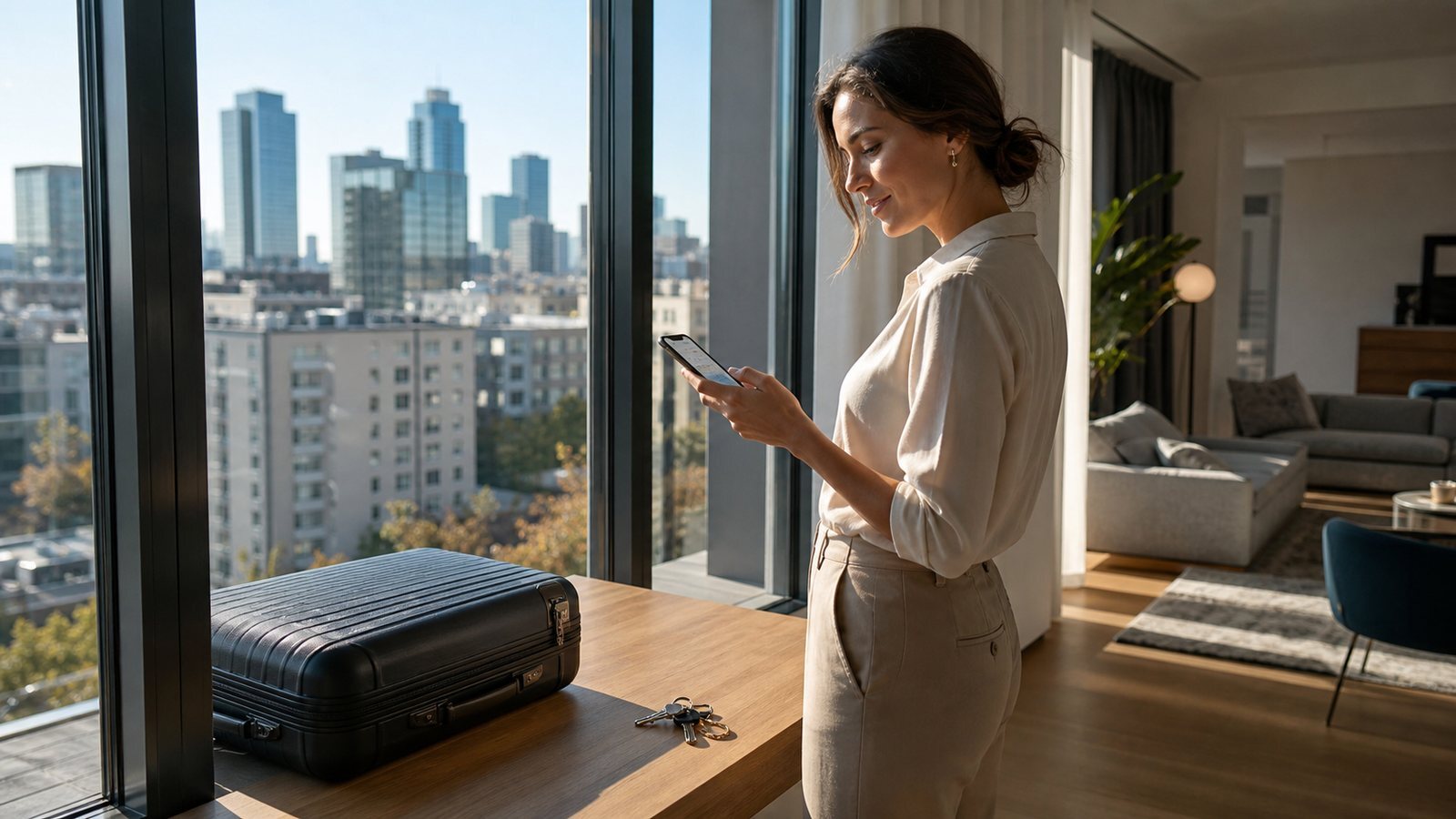 Foreign buyer confirming a property funding transfer from a Warsaw apartment