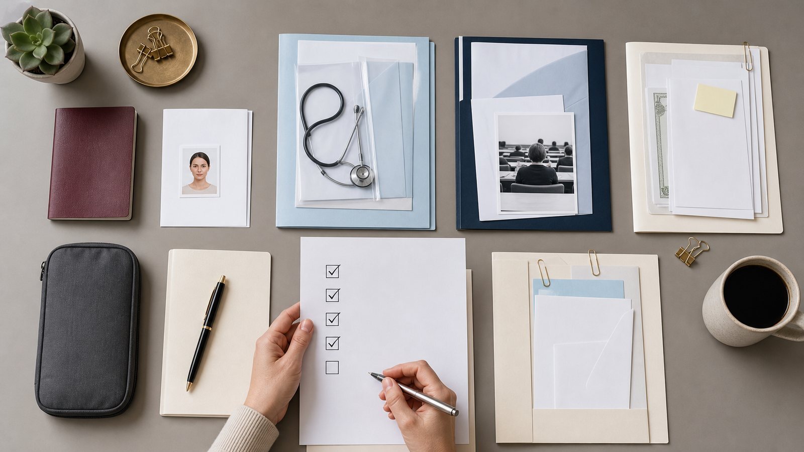 Organised checklist of identity, insurance, study, income and residence documents