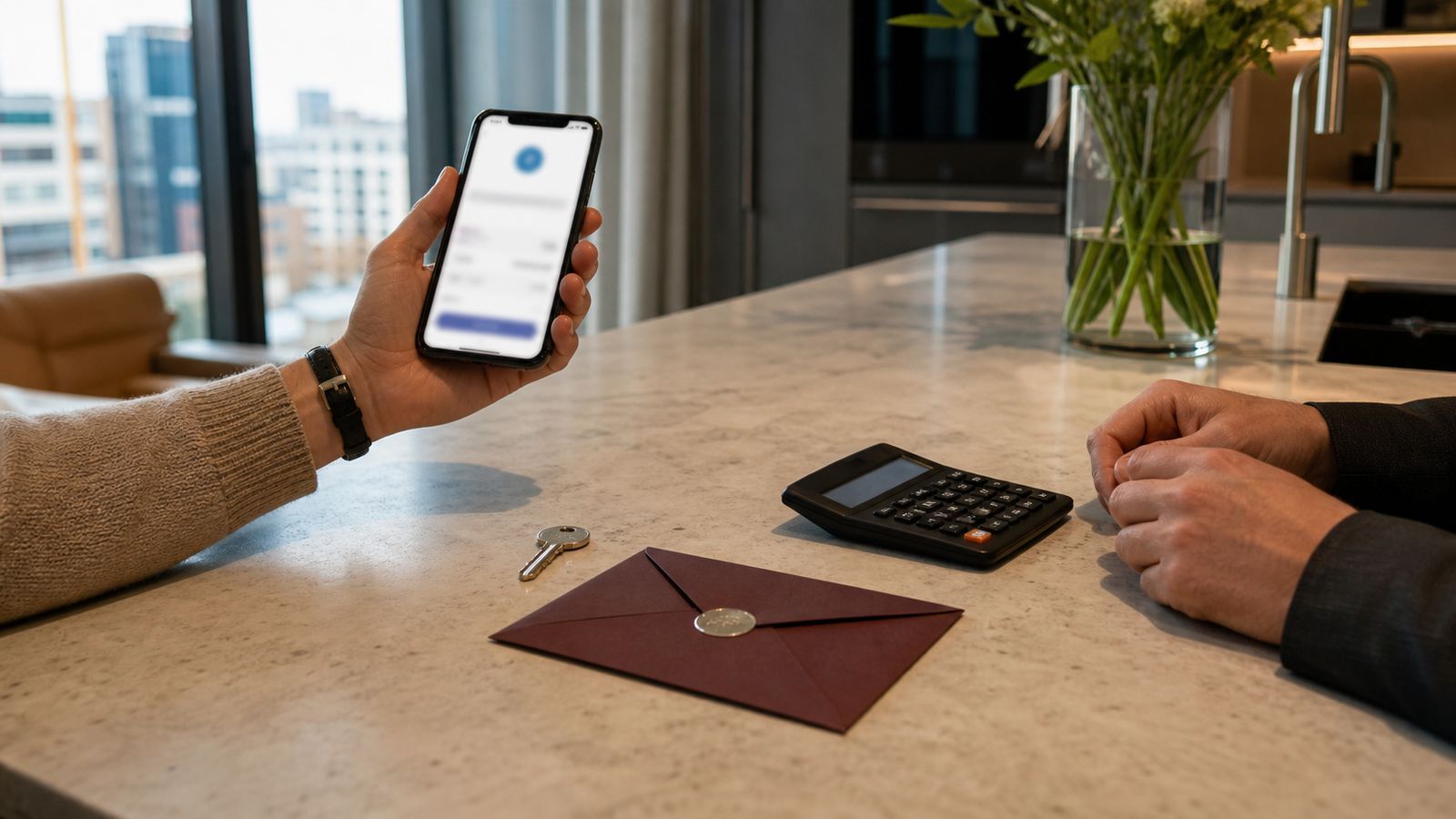 Buyer confirming a secured payment during a Warsaw apartment purchase
