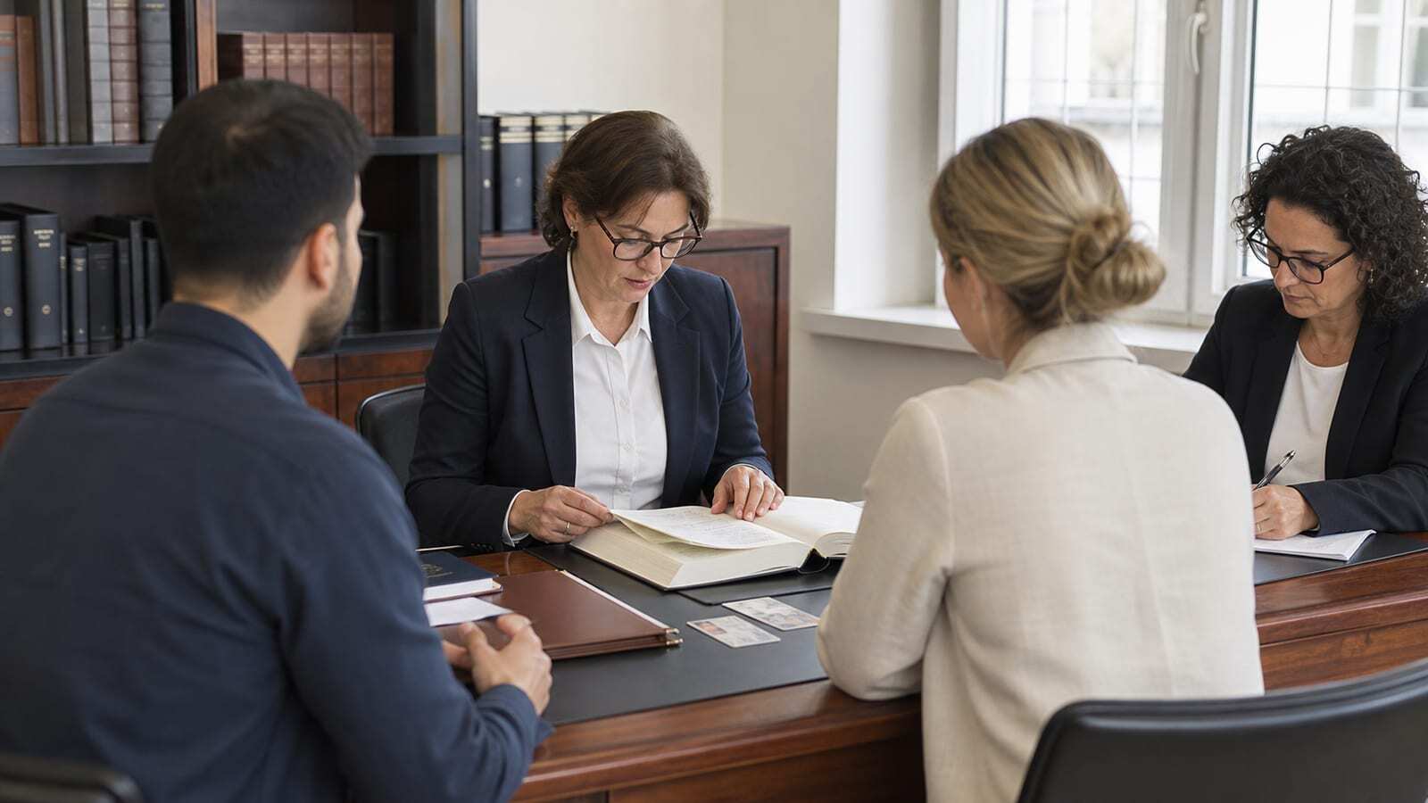 Polish notary conducting a property deed appointment with foreign buyers and a sworn interpreter