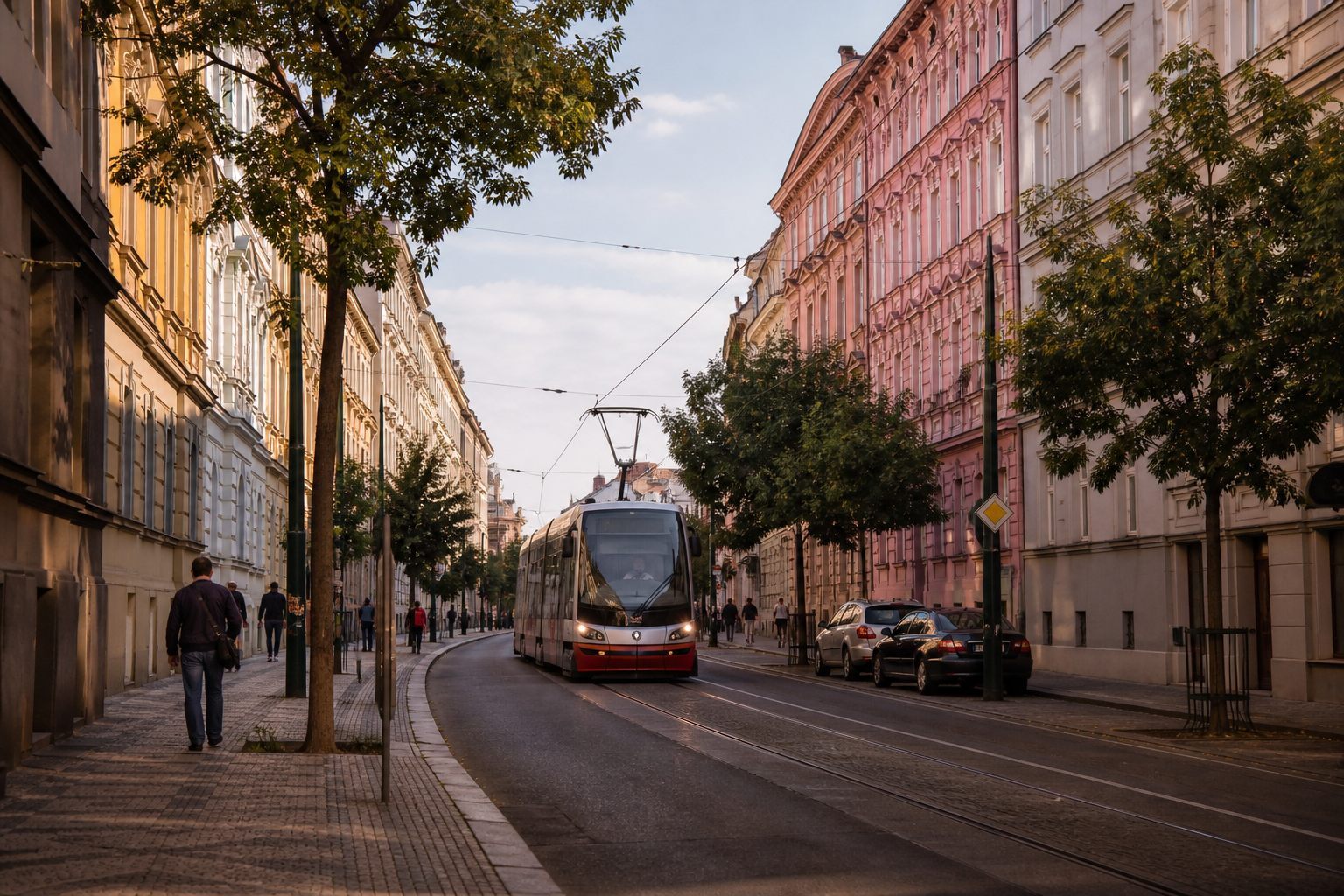 Established Prague residential street with tram and historic apartment buildings