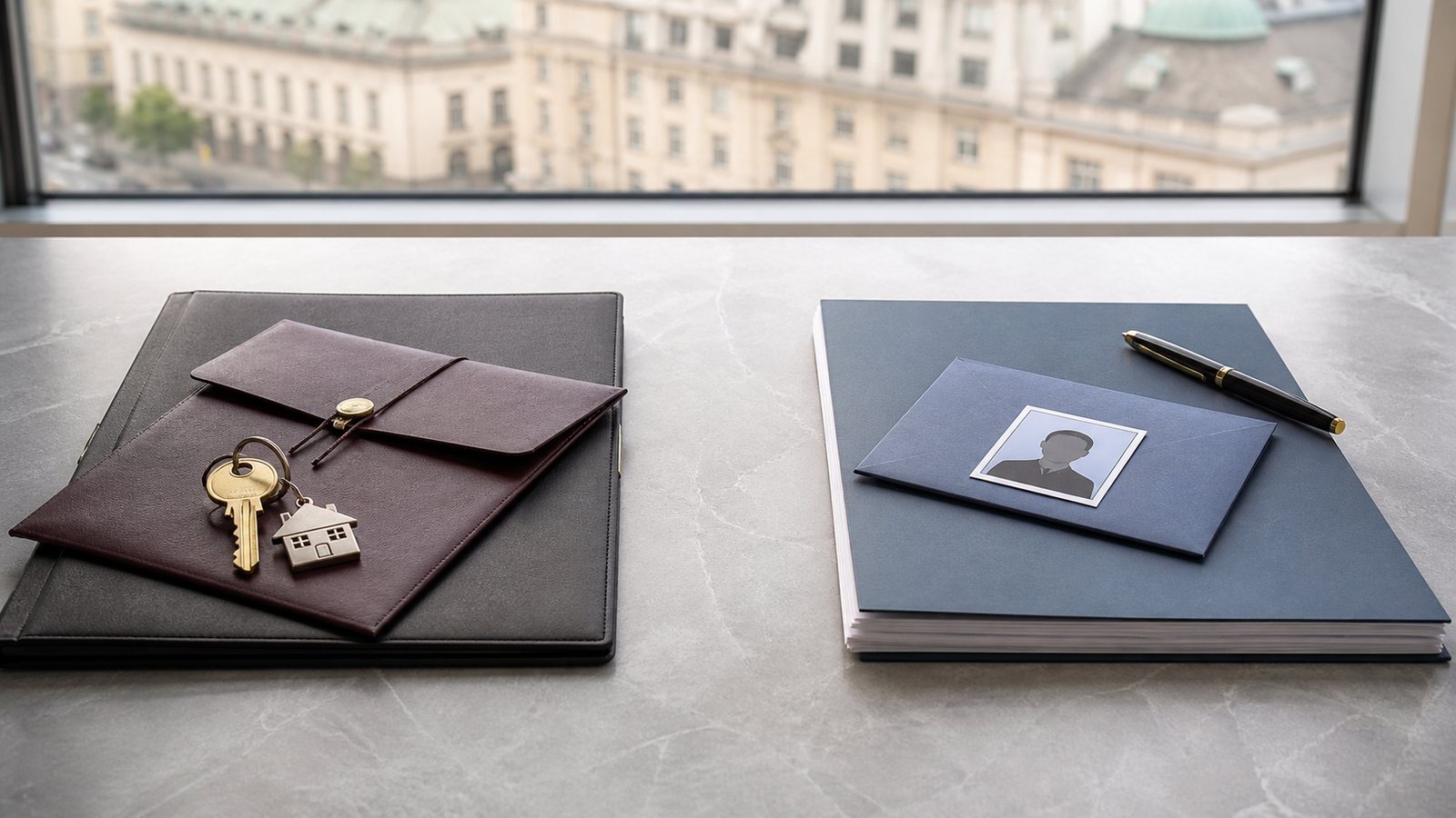 Apartment keys and Polish residence application shown as two separate legal processes