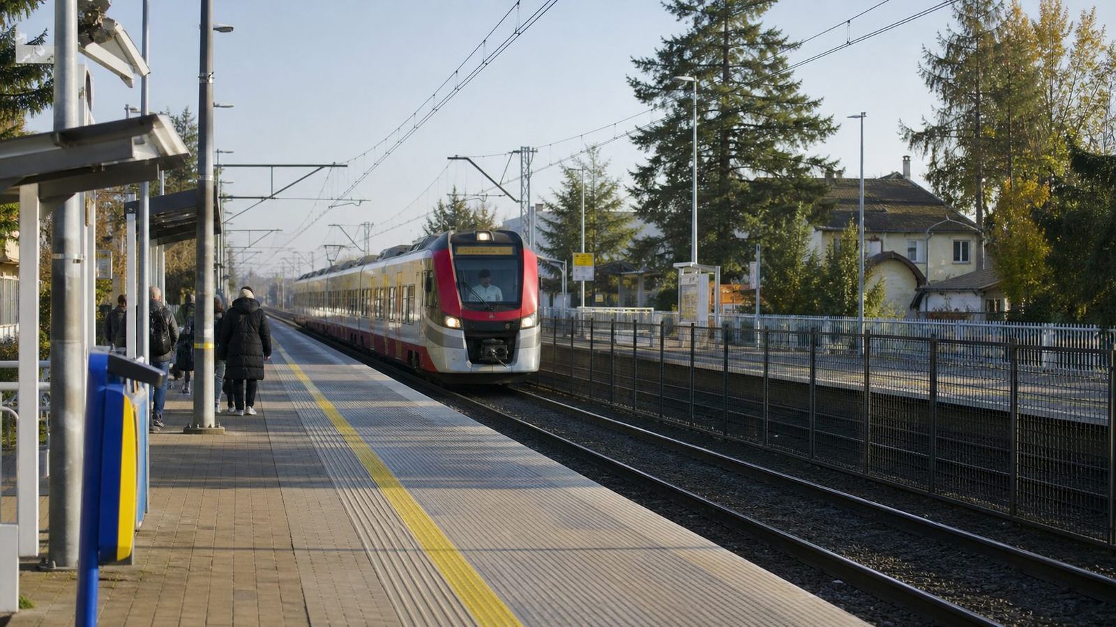 Commuter train arriving at a green Warsaw Rembertów railway platform