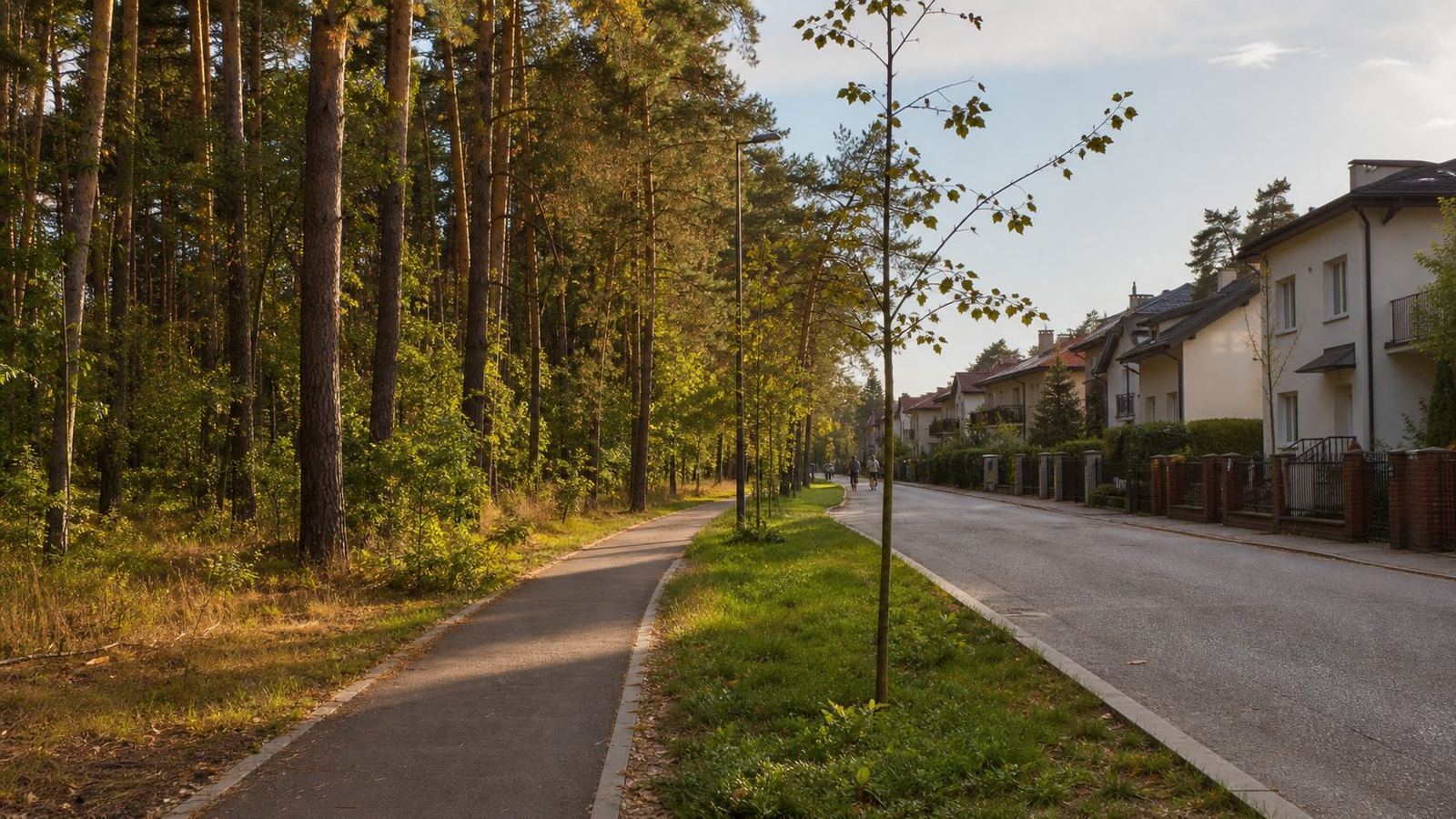Pine woodland beside family housing in Warsaw Rembertów