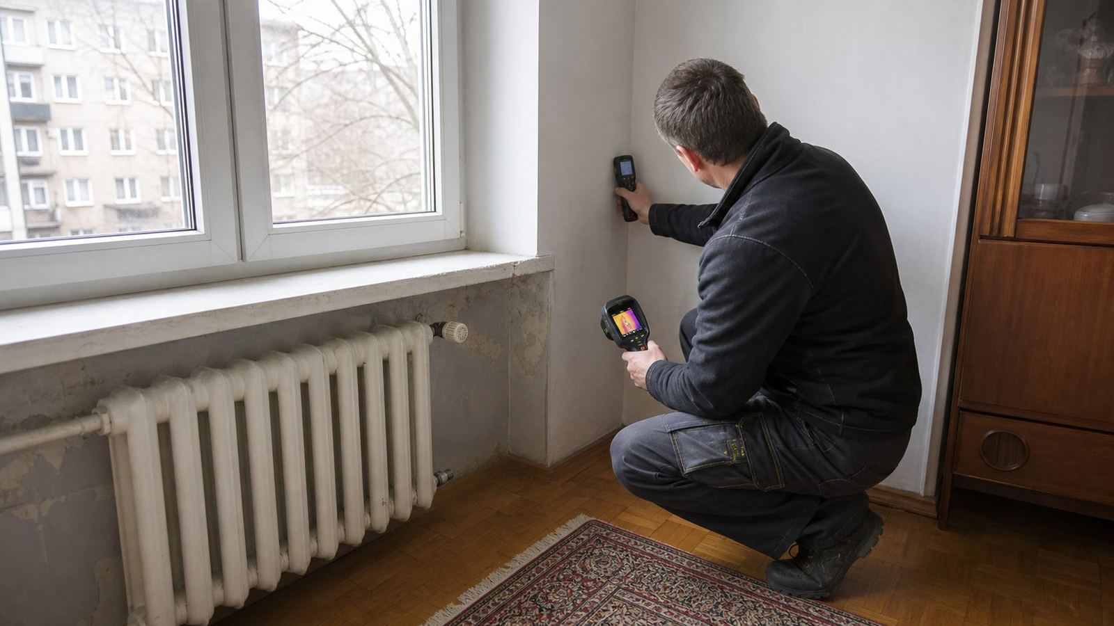 Technical specialist checking moisture and thermal performance in an older Rembertów apartment