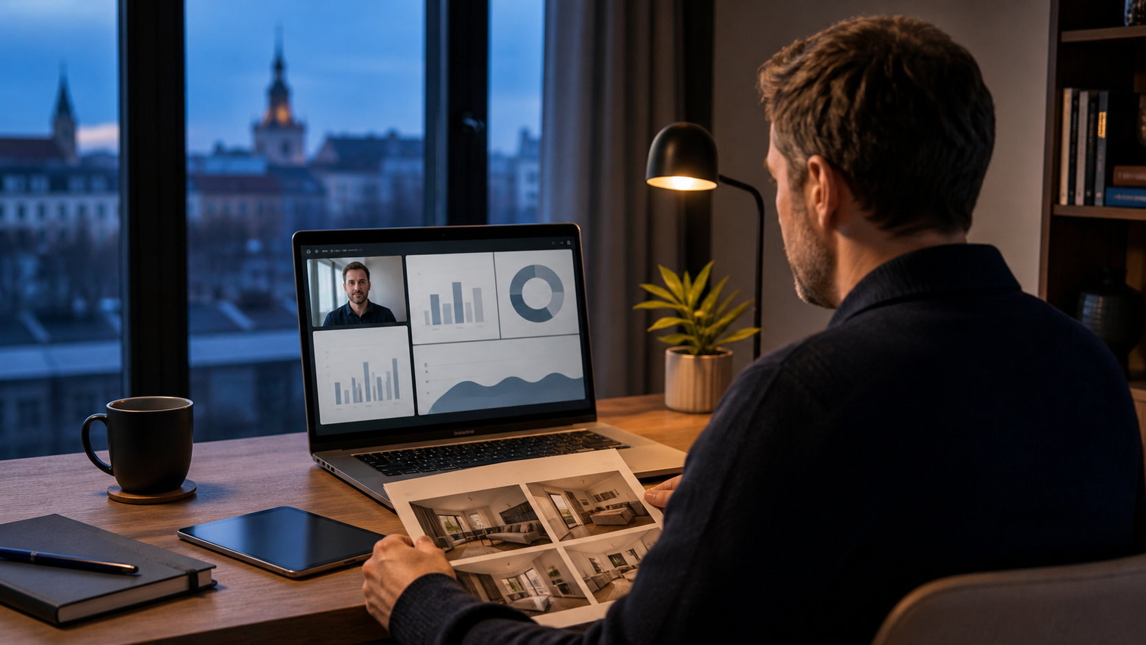 Overseas investor reviewing Warsaw rental reporting during a video call