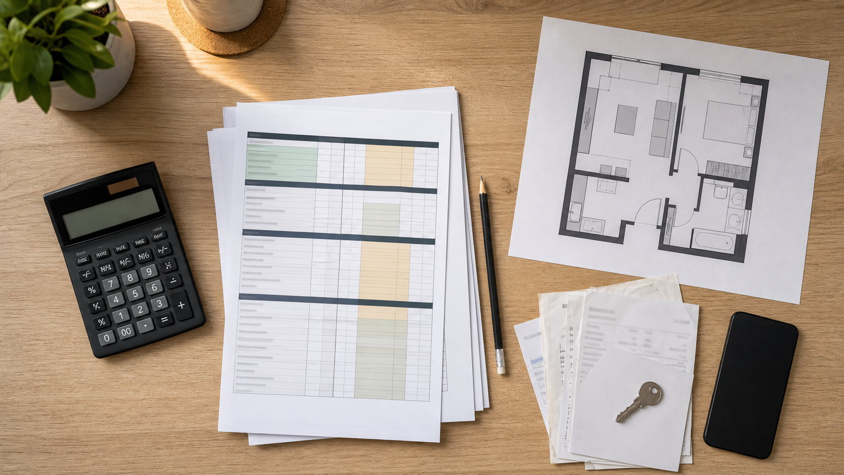 Rental yield methodology workspace with calculator, cost sheet and apartment floor plan