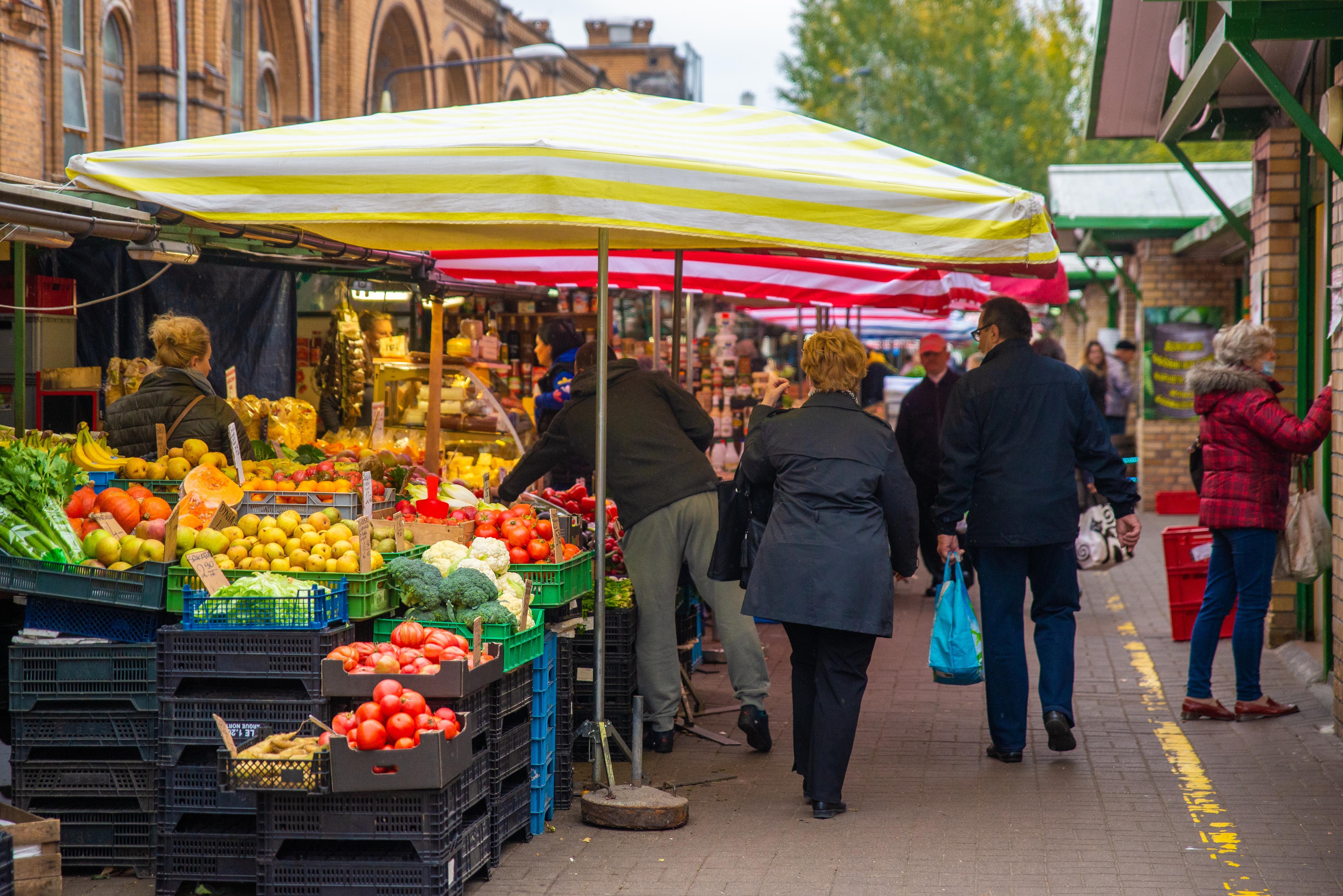 Fresh produce stalls at Hala Mirowska market in Warsaw