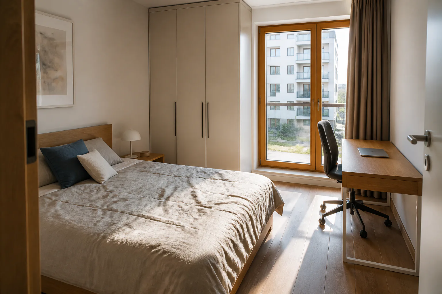 Long-term rental bedroom with a home-office area in an Ursus apartment
