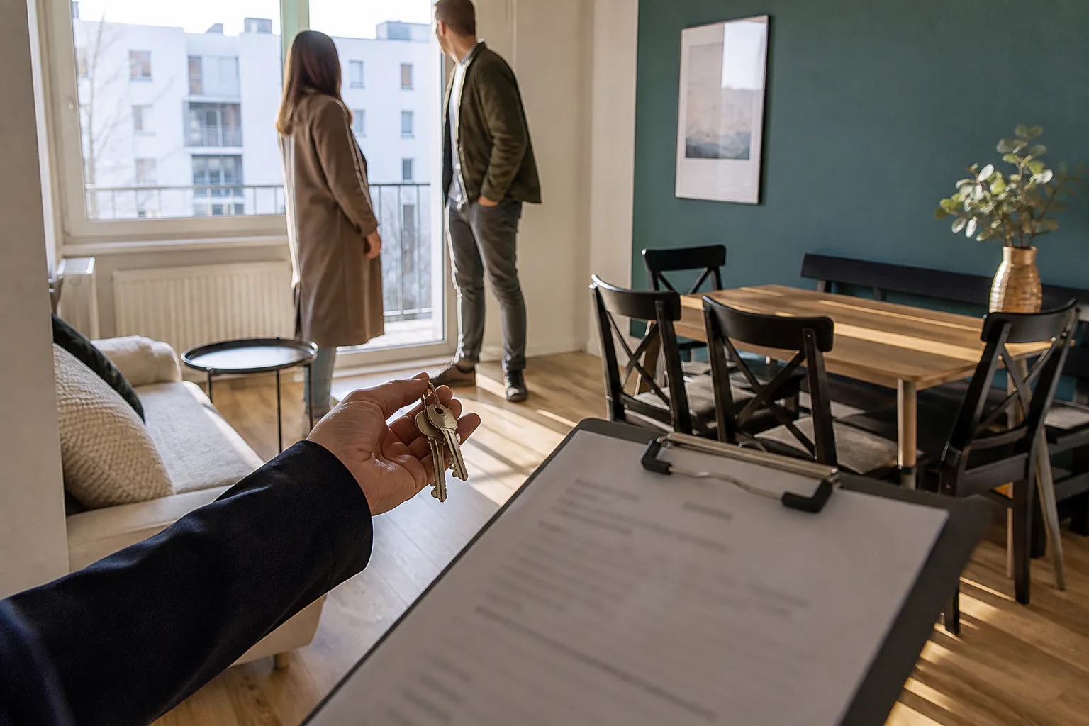 Keys and inspection checklist during a long-term rental handover in Warsaw Ursus