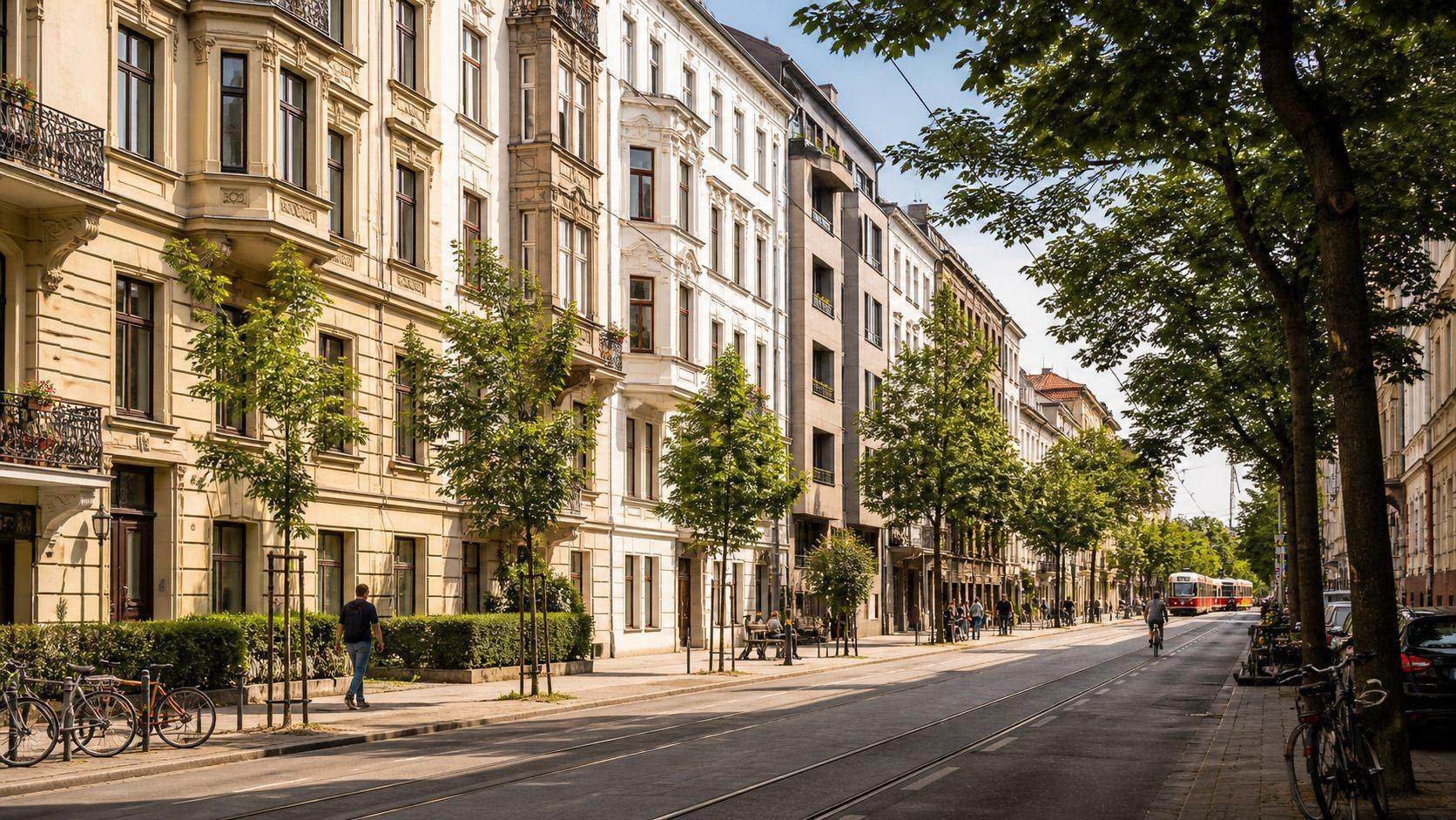 Vienna Gründerzeit residential street with established apartment buildings and tram connection