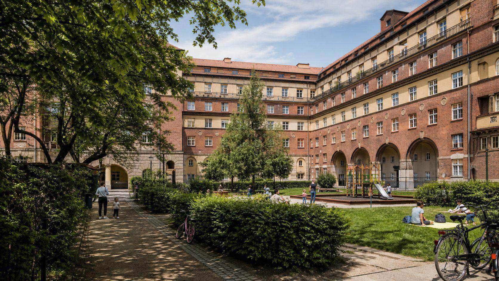 Landscaped courtyard within an established Vienna municipal housing complex