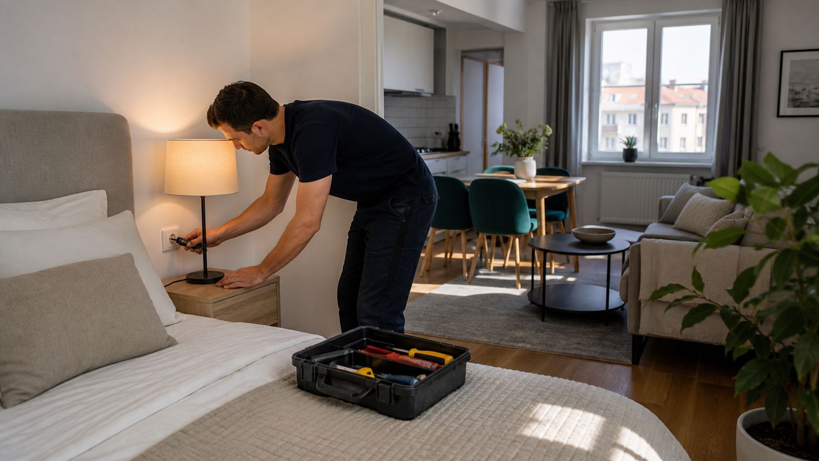 Final electrical and furnishing checks in a Warsaw long-term rental apartment