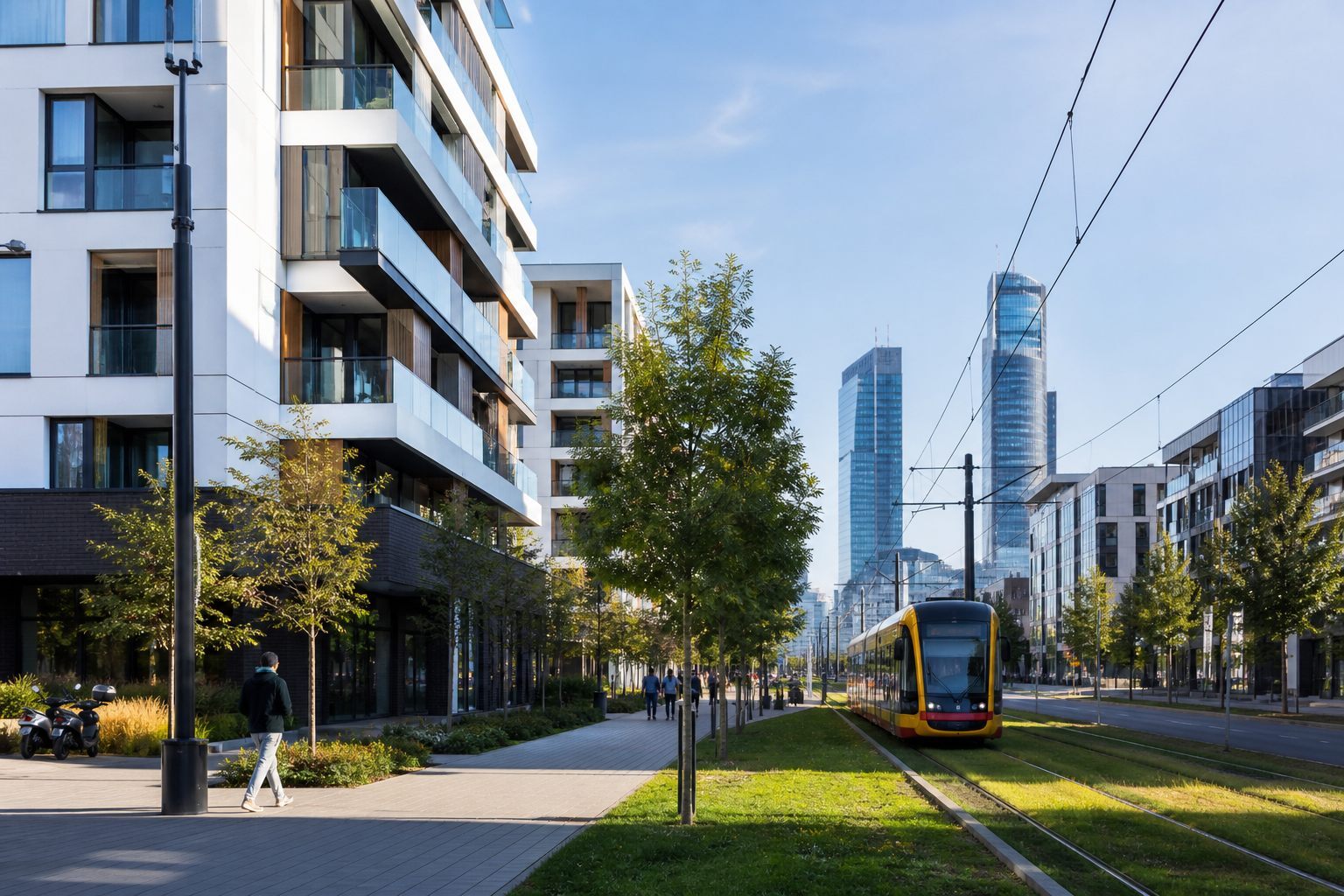 Modern Warsaw residential district with tram access and business skyline