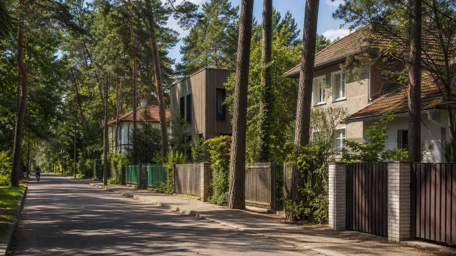 Detached houses and mature pine trees on a quiet residential street in Warsaw Wawer