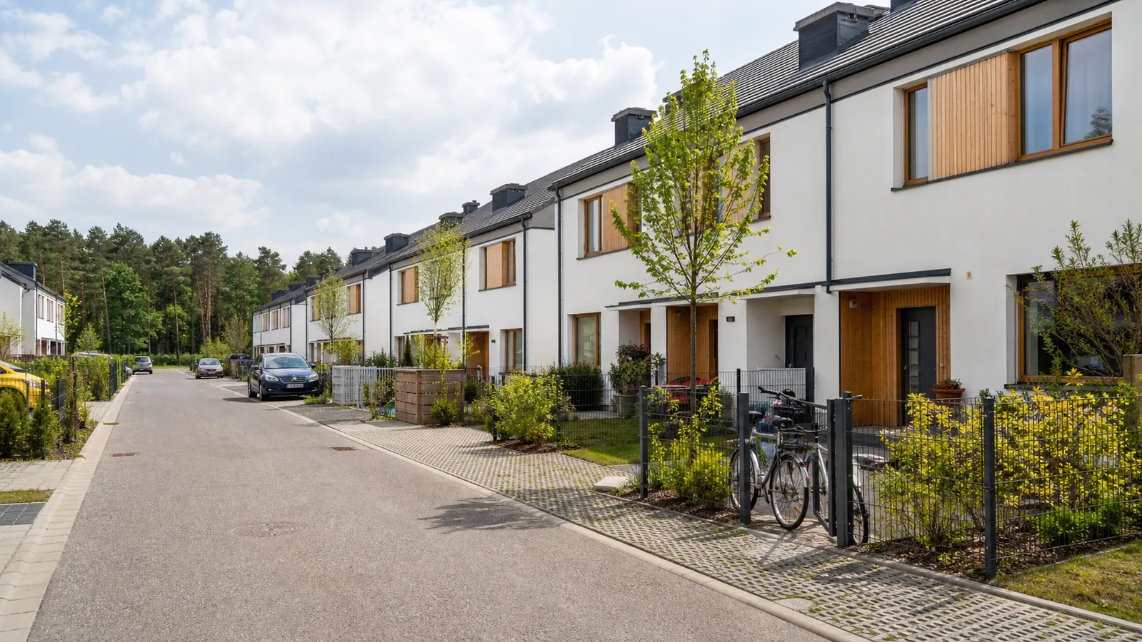 Contemporary terraced houses with compact gardens beside woodland in Warsaw Wawer