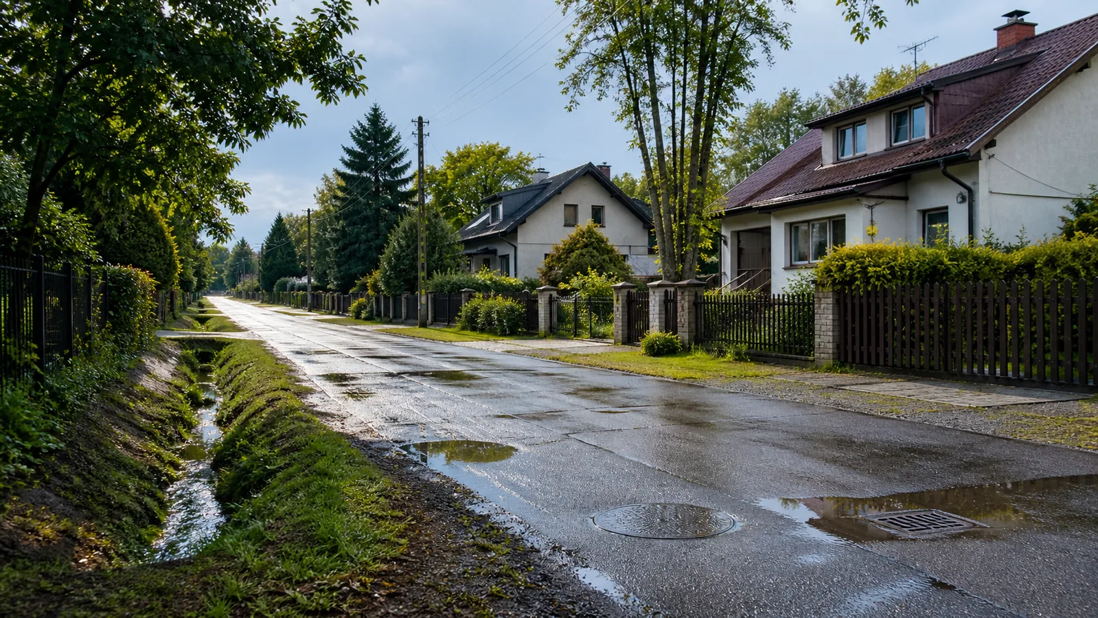 Residential street with houses, drainage ditch and wet road after rain in Warsaw Wawer