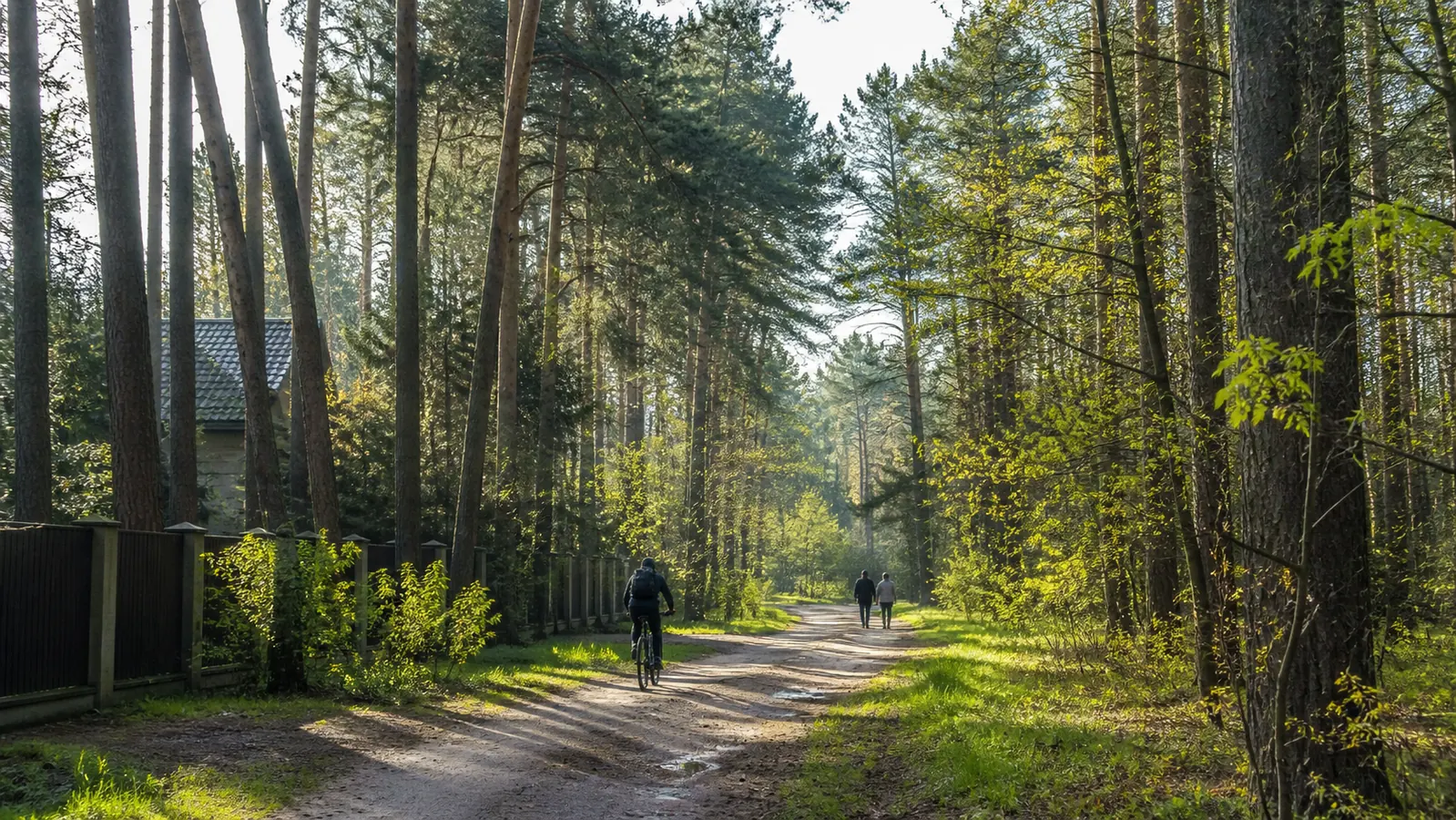 Walking and cycling path through pine forest beside homes in Warsaw Wawer