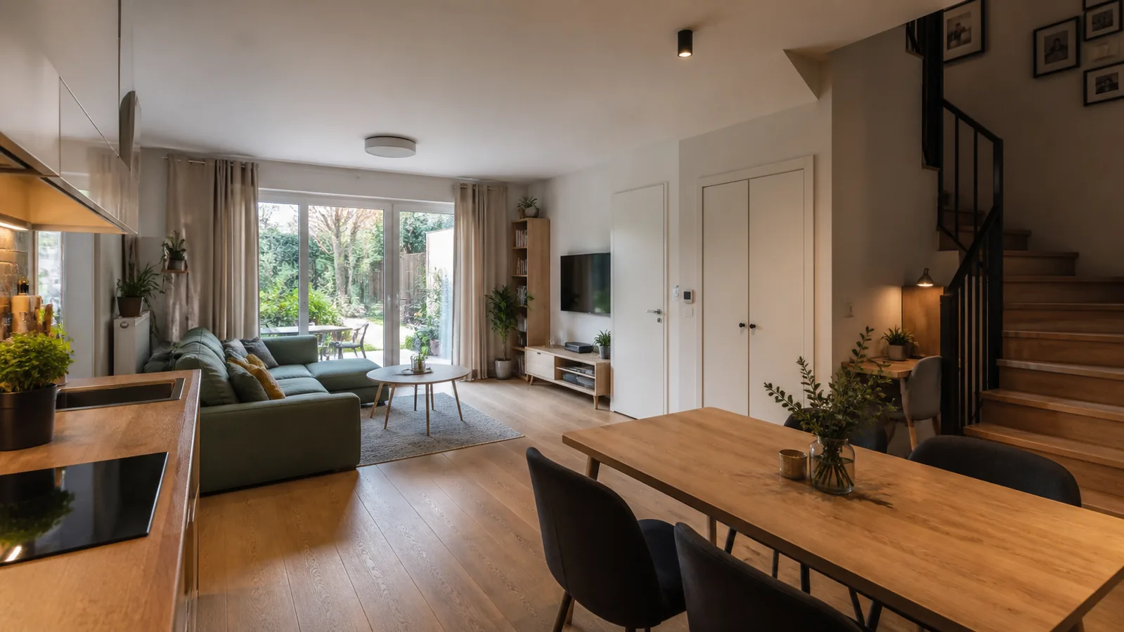 Practical family living room with staircase and garden access in a Wawer terraced house
