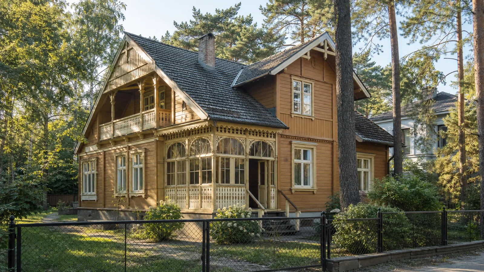 Preserved wooden Świdermajer-style house among pine trees in Warsaw Wawer