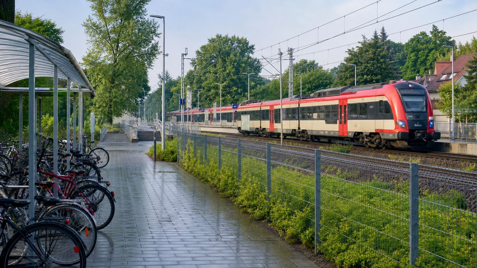 Bicycle access and commuter rail at a green station in Warsaw Wesoła