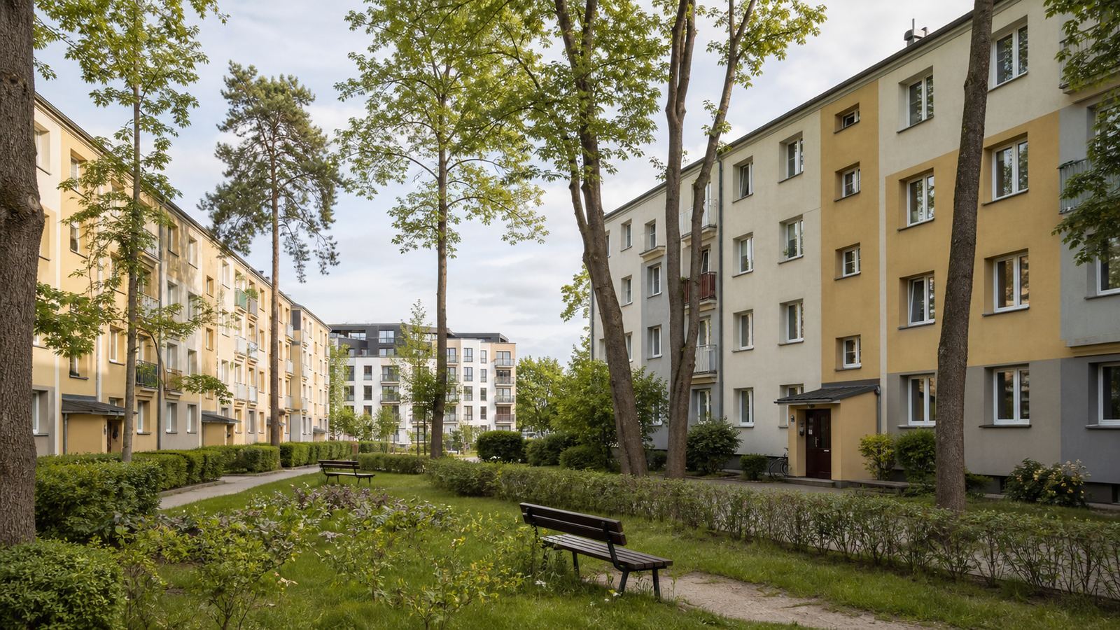 Established low-rise apartment blocks and shared green courtyard in Warsaw Wesoła